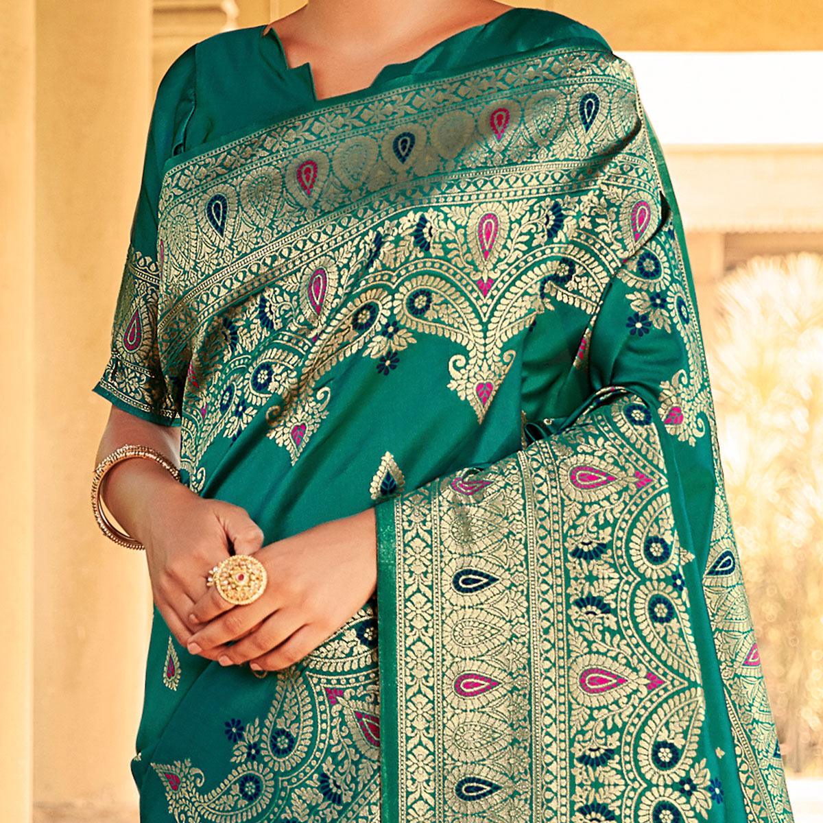 Engrossing Green Coloured Designer Partywear Weaving Silk Saree - Peachmode