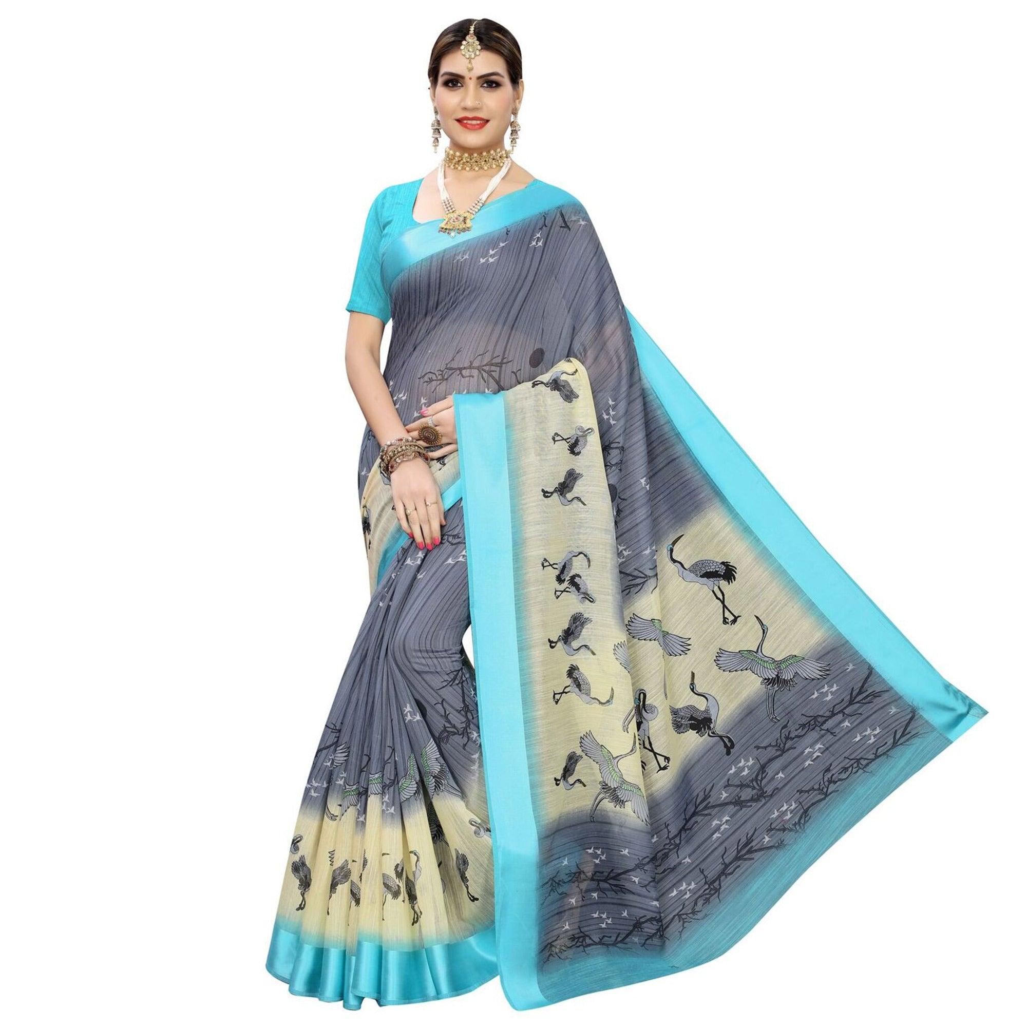 Engrossing Grey Colored Casual Printed Linen Saree - Peachmode