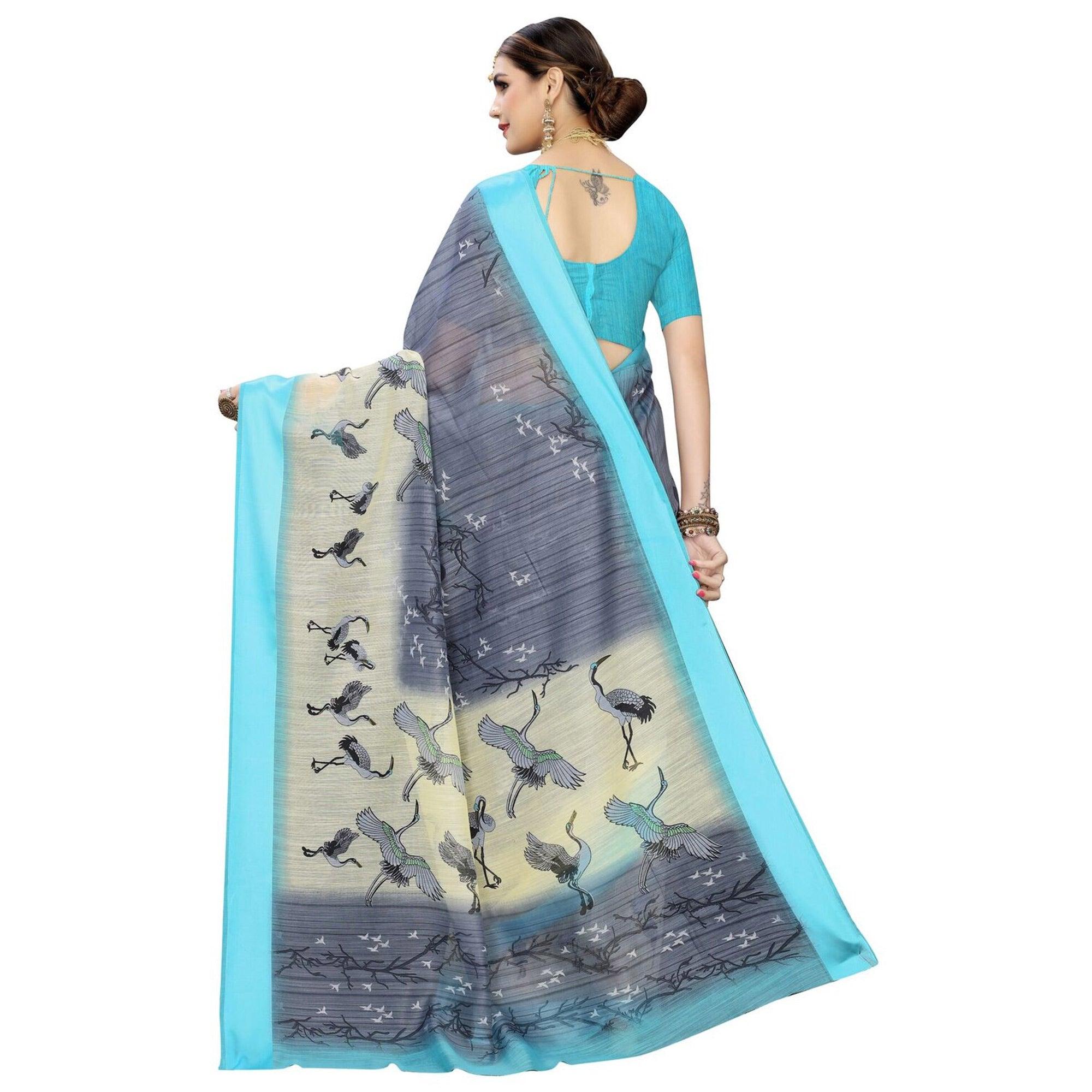 Engrossing Grey Colored Casual Printed Linen Saree - Peachmode