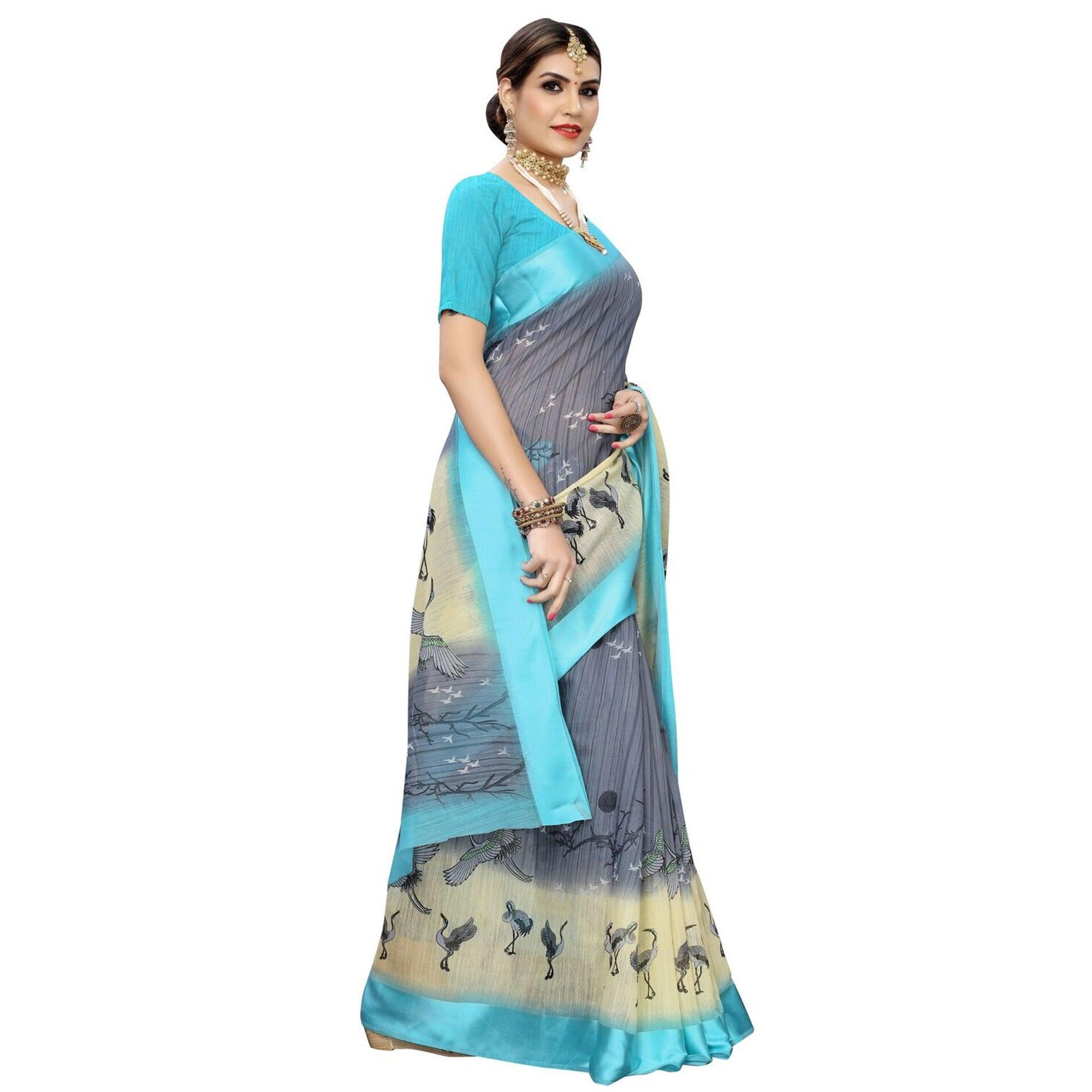 Engrossing Grey Colored Casual Printed Linen Saree - Peachmode