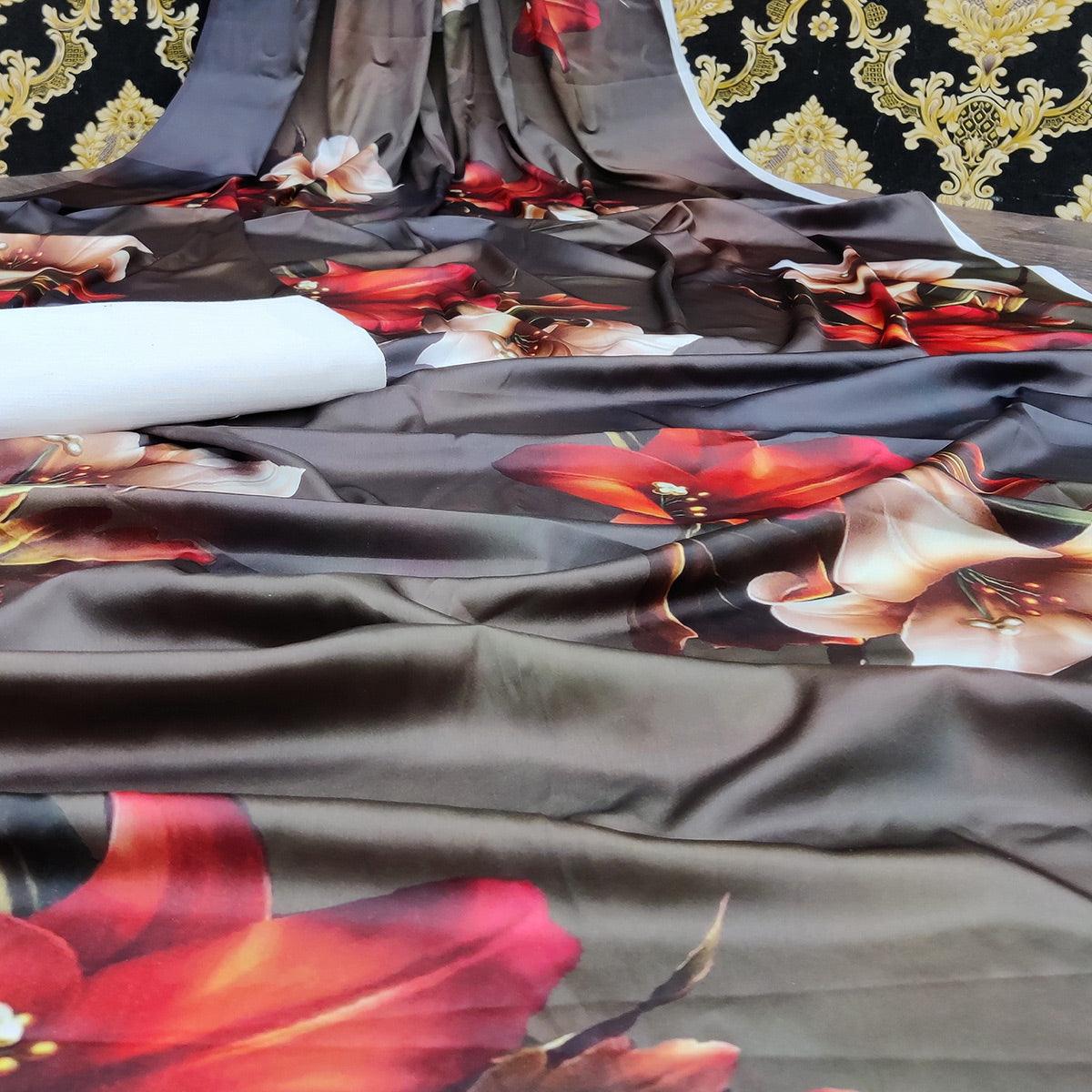 Engrossing Grey Colored Casual Wear Digital Printed Satin Saree - Peachmode