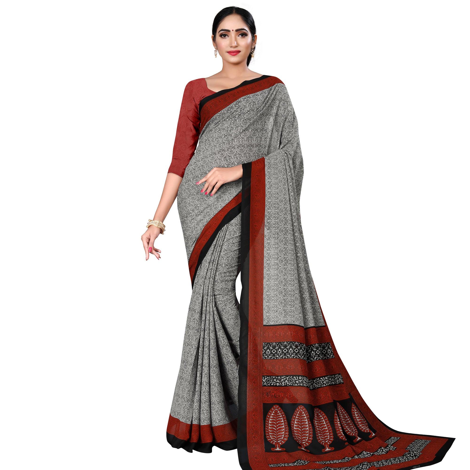 Engrossing Grey Colored Casual Wear Printed Georgette Saree - Peachmode