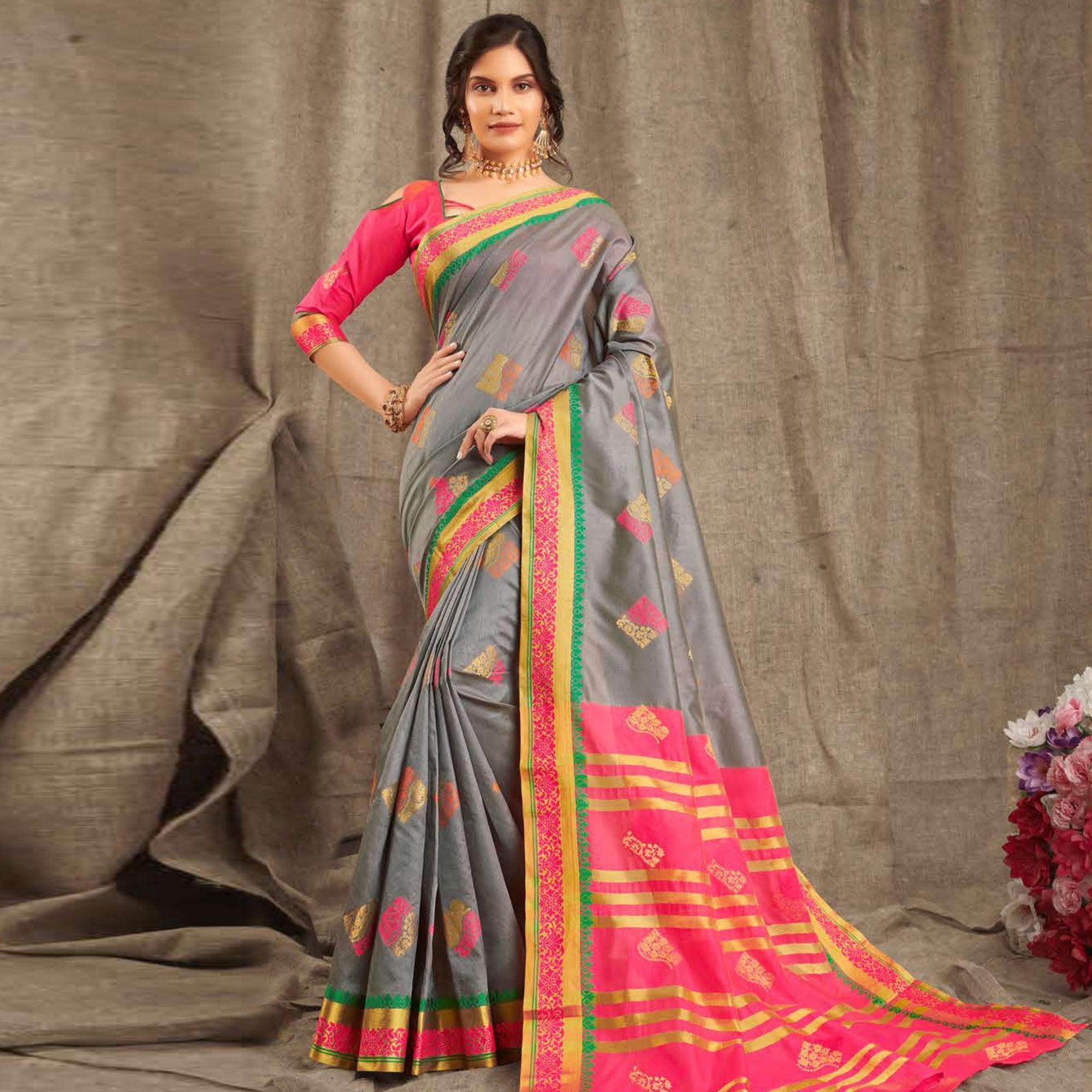 Engrossing Grey Colored Festive Wear Woven Cotton Handloom Saree - Peachmode