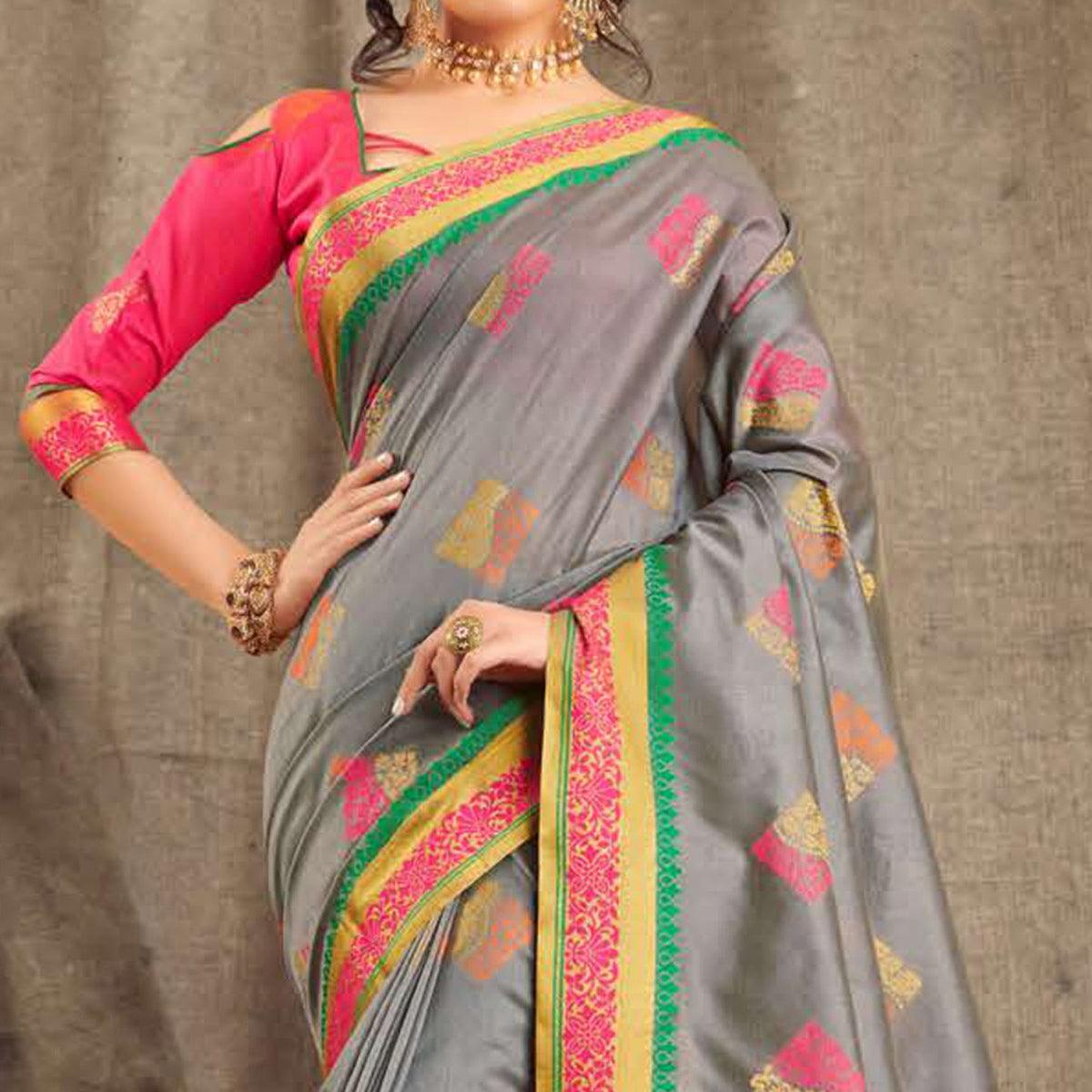 Engrossing Grey Colored Festive Wear Woven Cotton Handloom Saree - Peachmode