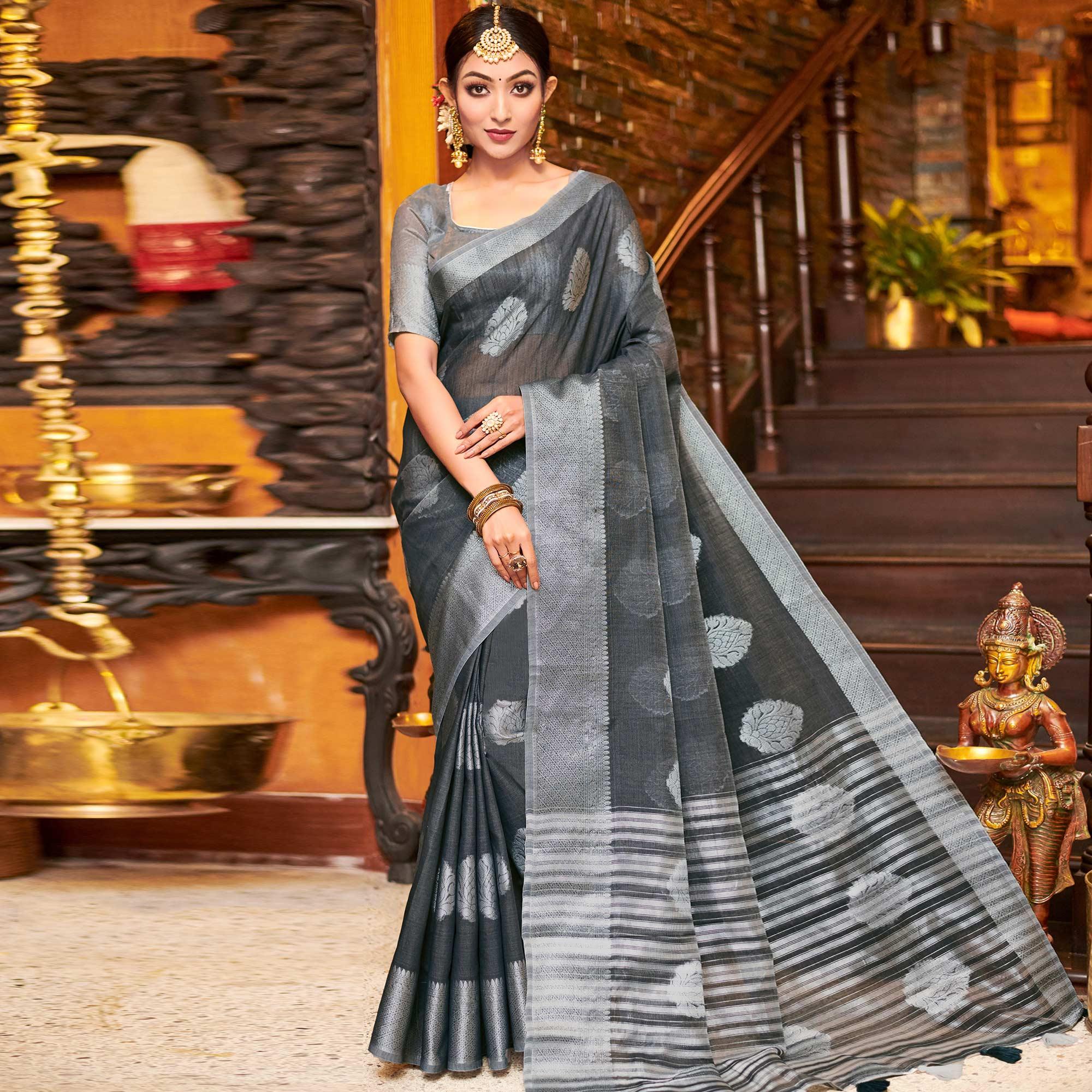 Engrossing Grey Colored Festive Wear Woven Linen Sareee - Peachmode