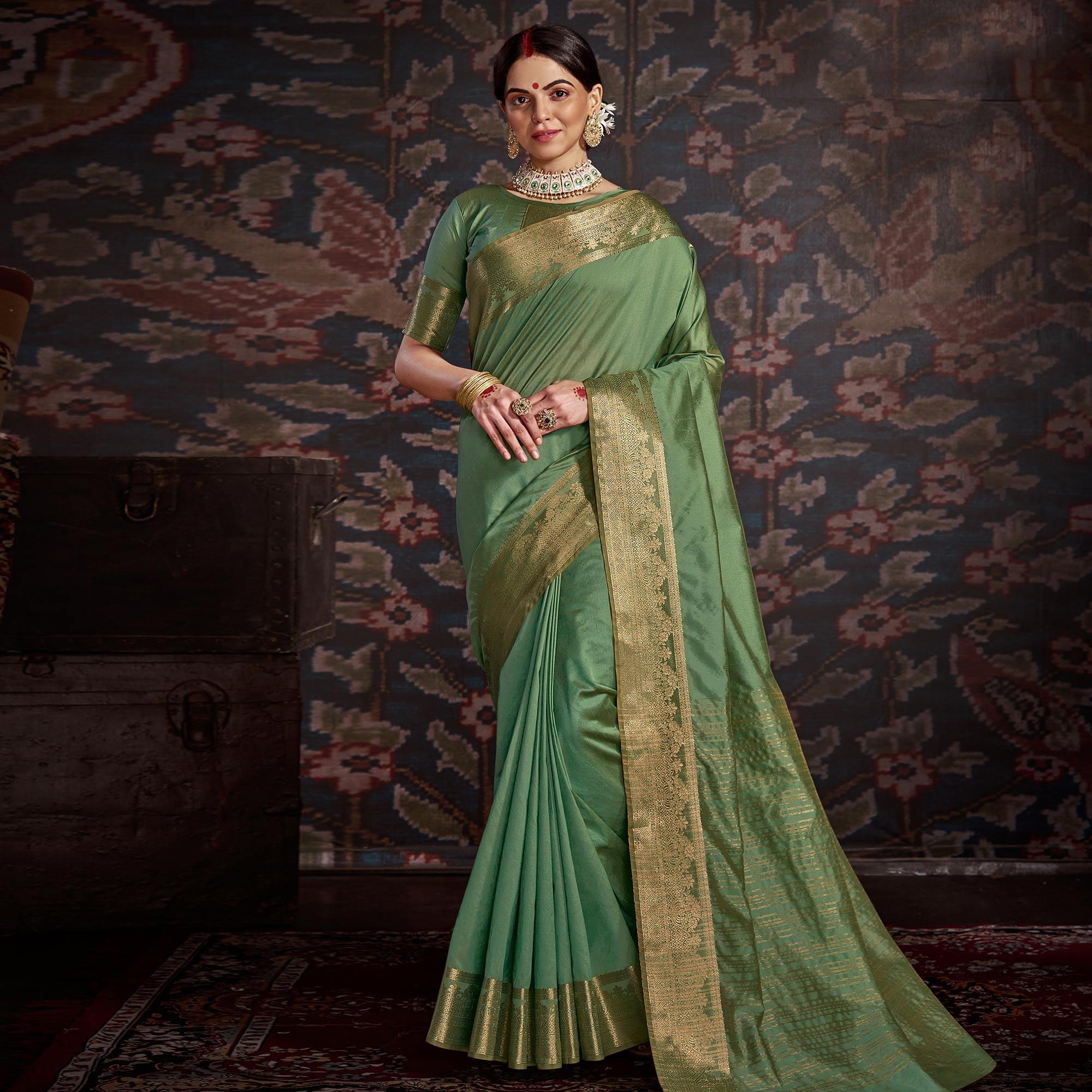 Engrossing Light Green Colored Festive Wear Woven Silk Saree - Peachmode