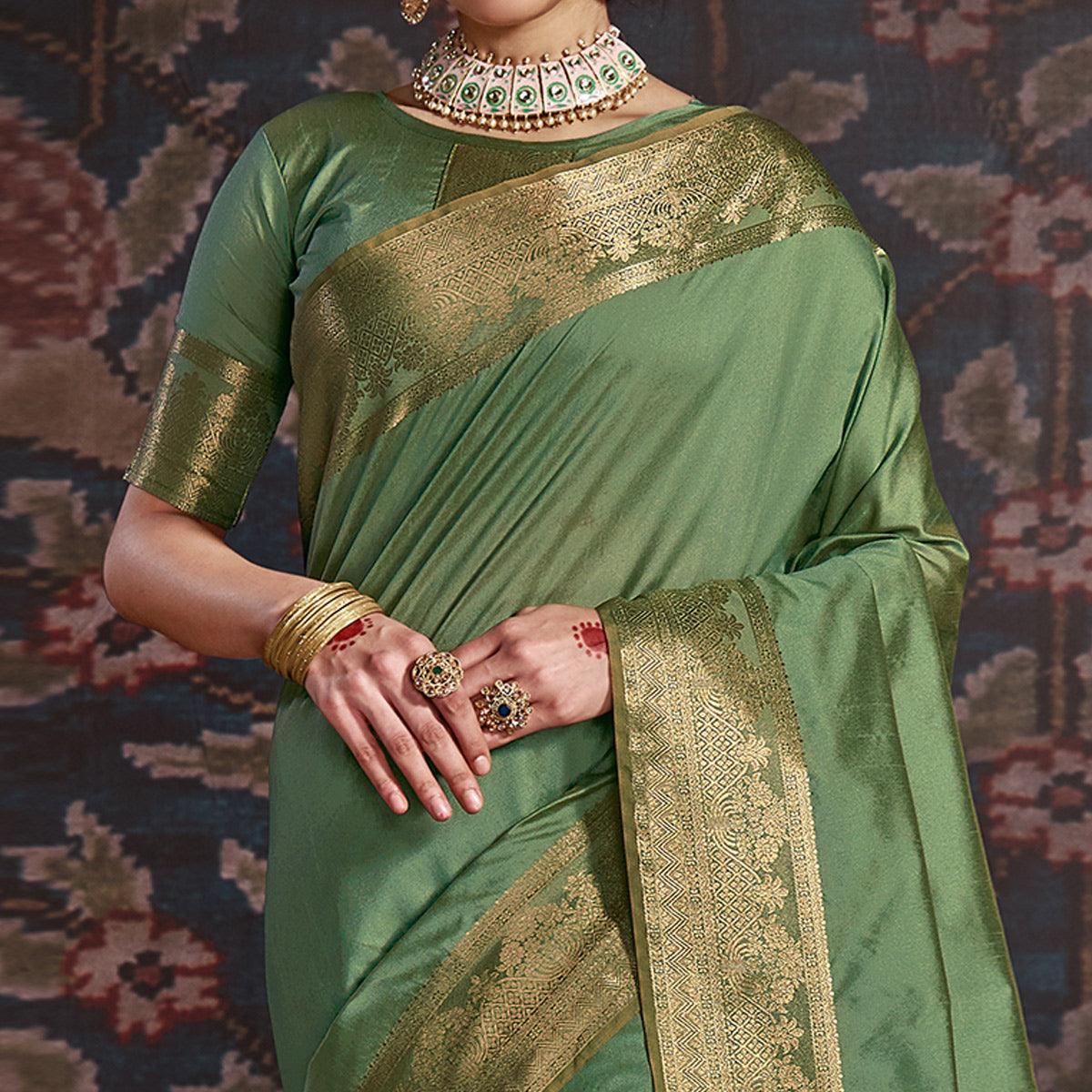 Engrossing Light Green Colored Festive Wear Woven Silk Saree - Peachmode