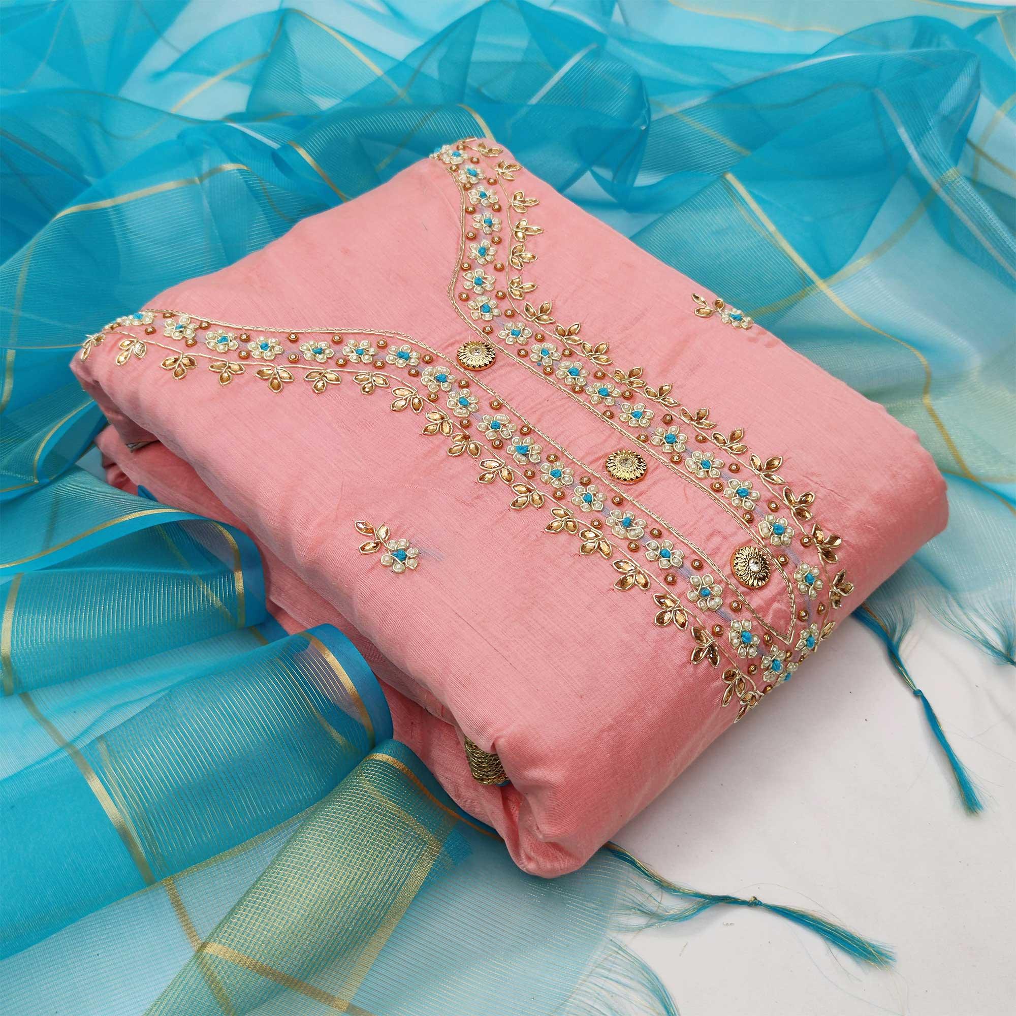 Engrossing Light Pink Colored Casual Embroidered Modal Chanderi Dress Material - Peachmode