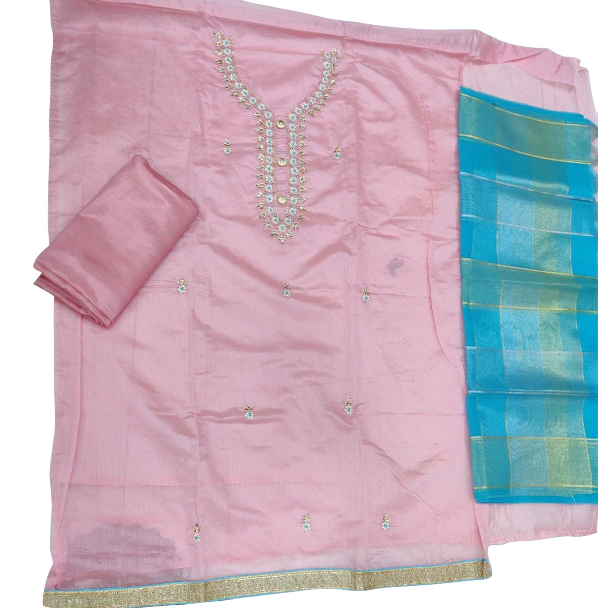 Engrossing Light Pink Colored Casual Embroidered Modal Chanderi Dress Material - Peachmode