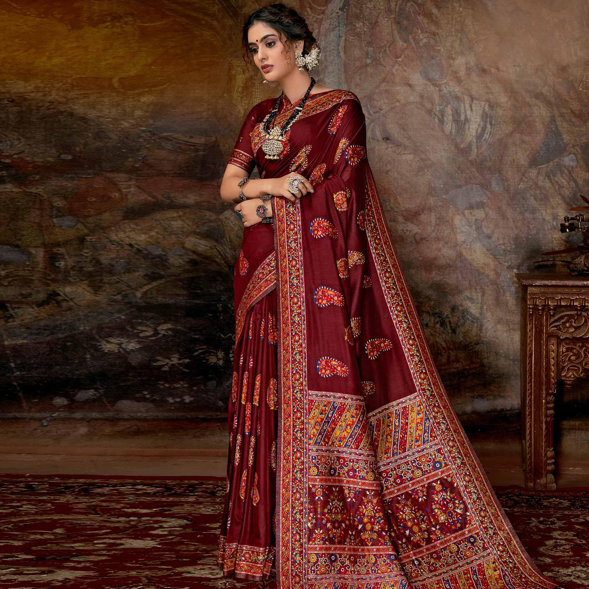 Engrossing Maroon Colored Festive Wear Woven Banarasi Silk Saree - Peachmode