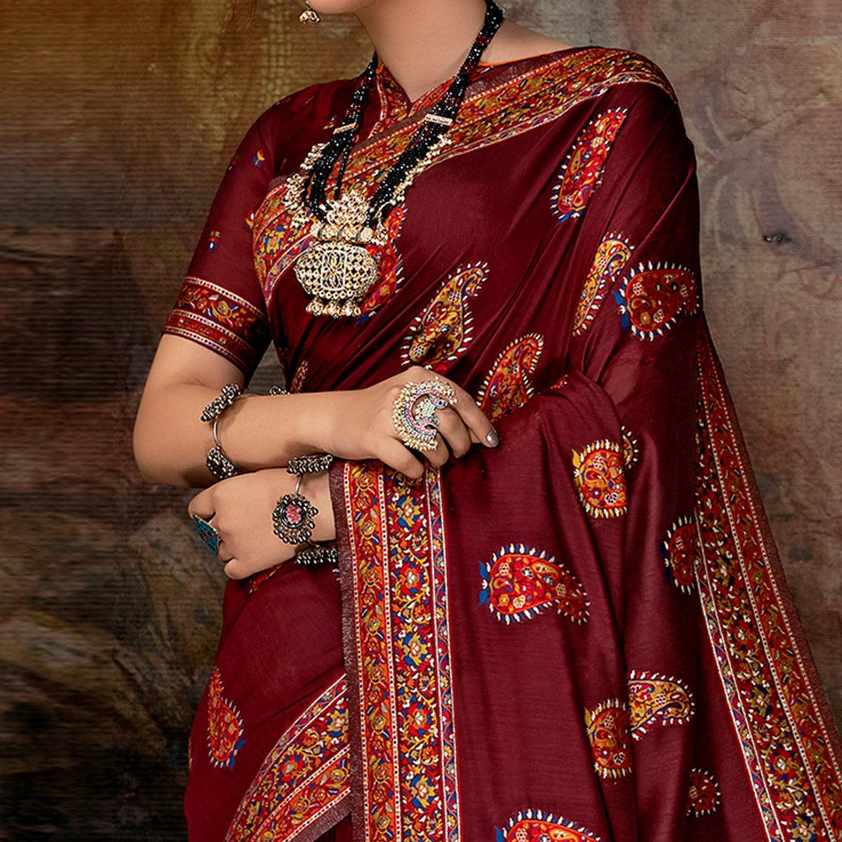 Engrossing Maroon Colored Festive Wear Woven Banarasi Silk Saree - Peachmode
