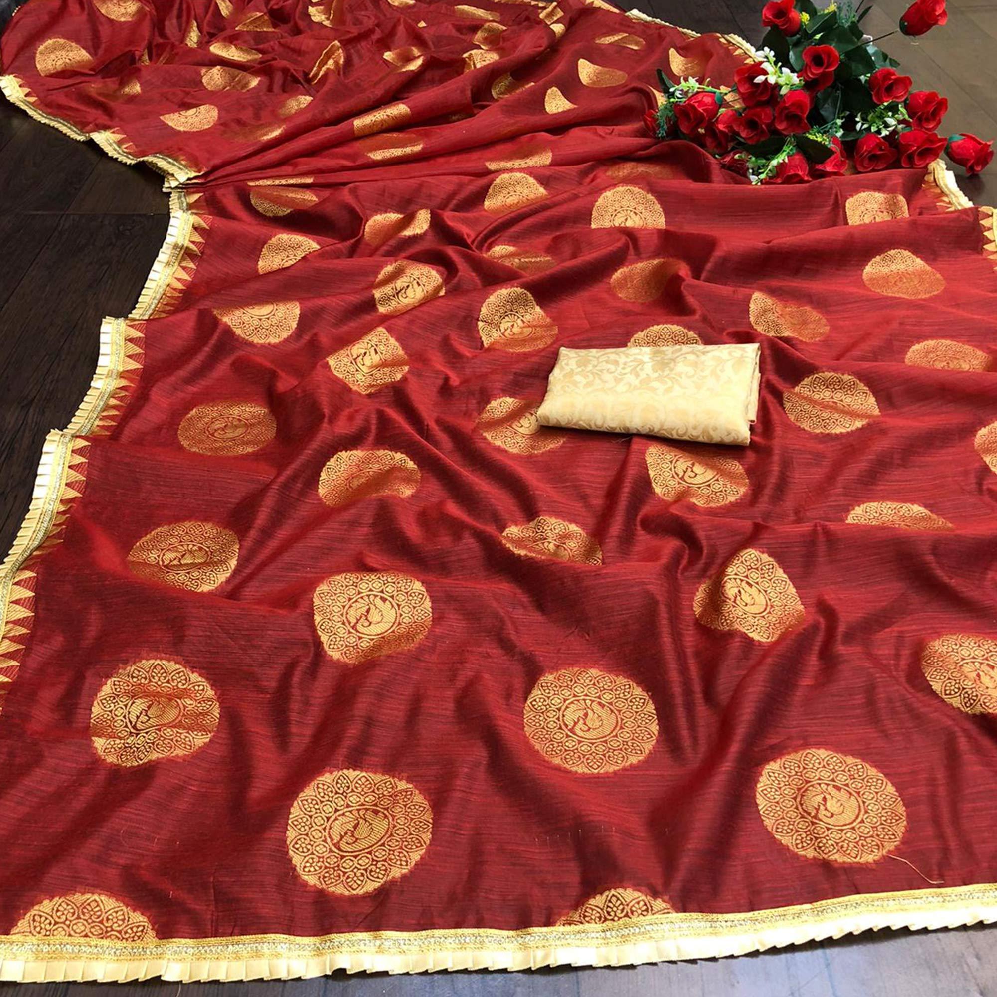 Engrossing Maroon Colored Festive Wear Woven Cotton Saree - Peachmode