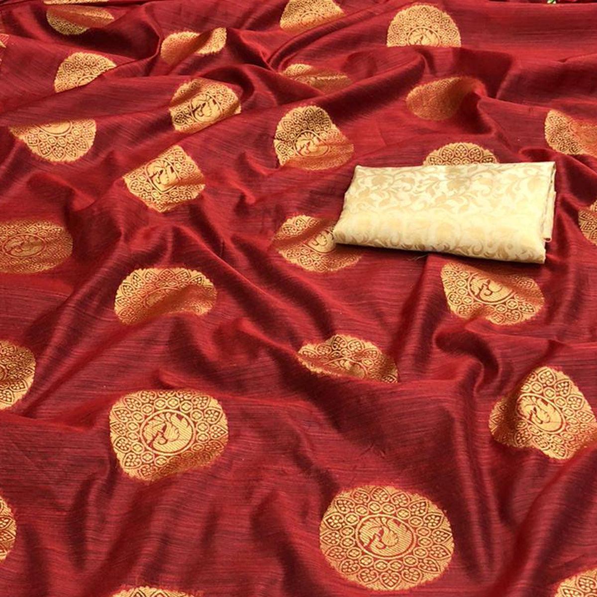 Engrossing Maroon Colored Festive Wear Woven Cotton Saree - Peachmode