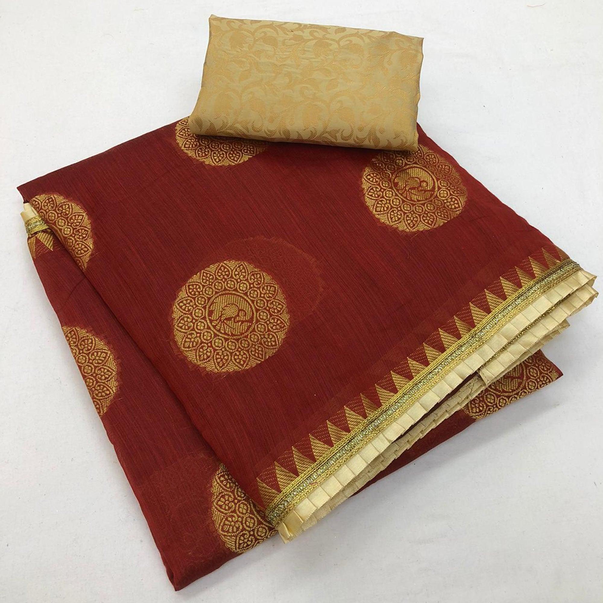 Engrossing Maroon Colored Festive Wear Woven Cotton Saree - Peachmode