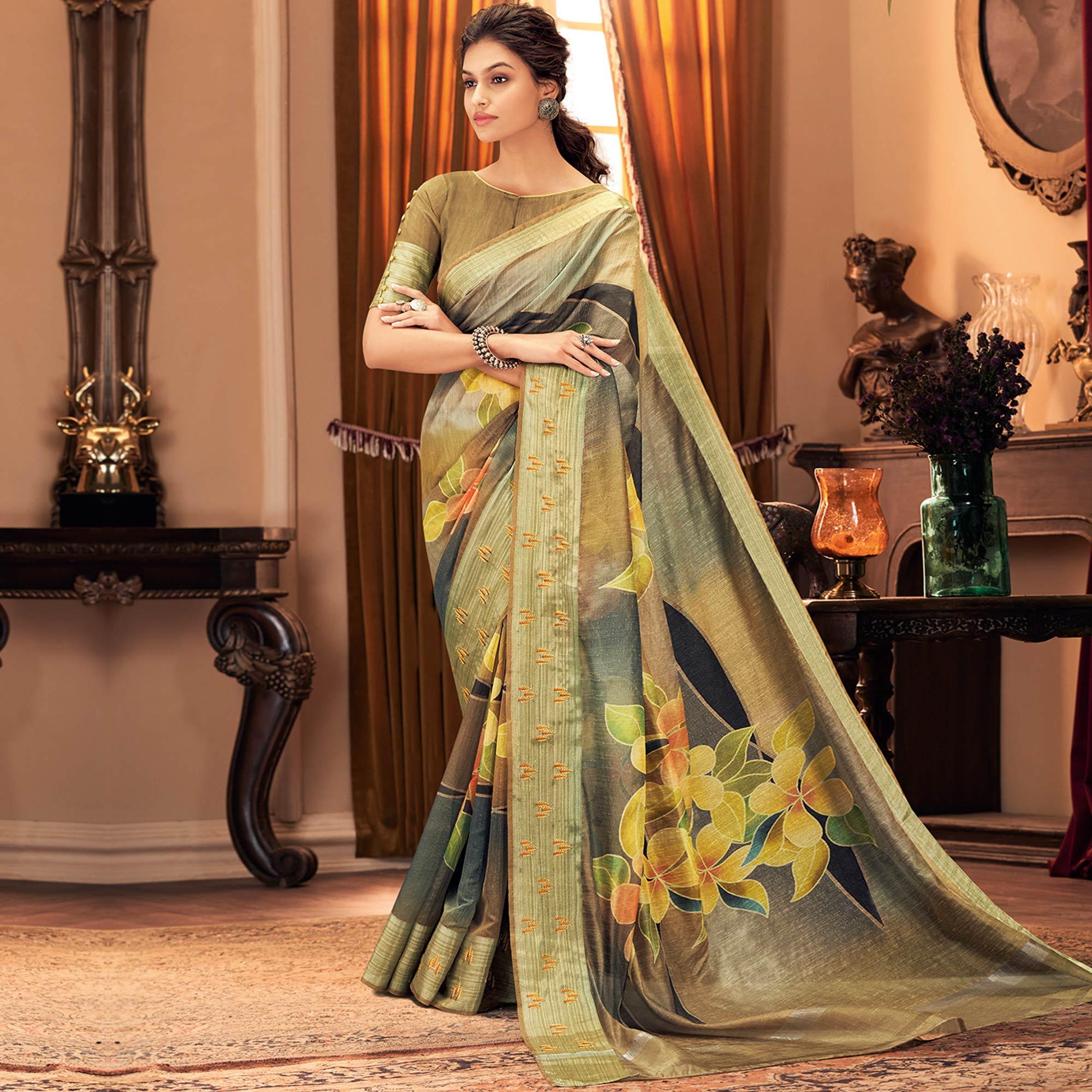 Engrossing Mehndi Green Colored Festive Wear Printed And Woven Border Silk Saree - Peachmode