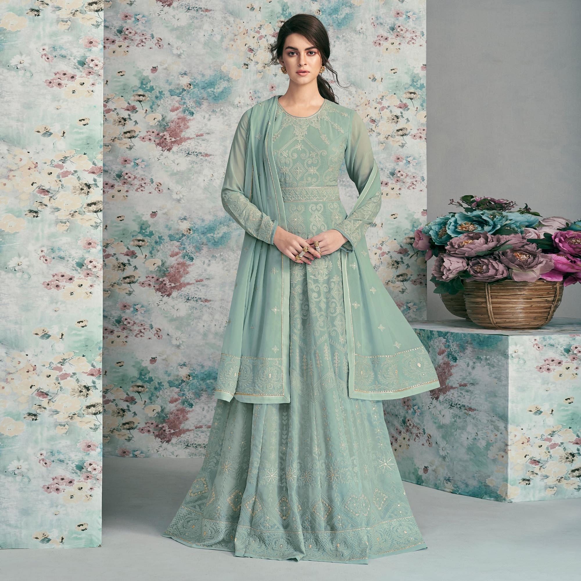 Engrossing Mint Green Colored Party Wear Embroidered Heavy Faux Georgette Anarkali Suit - Peachmode