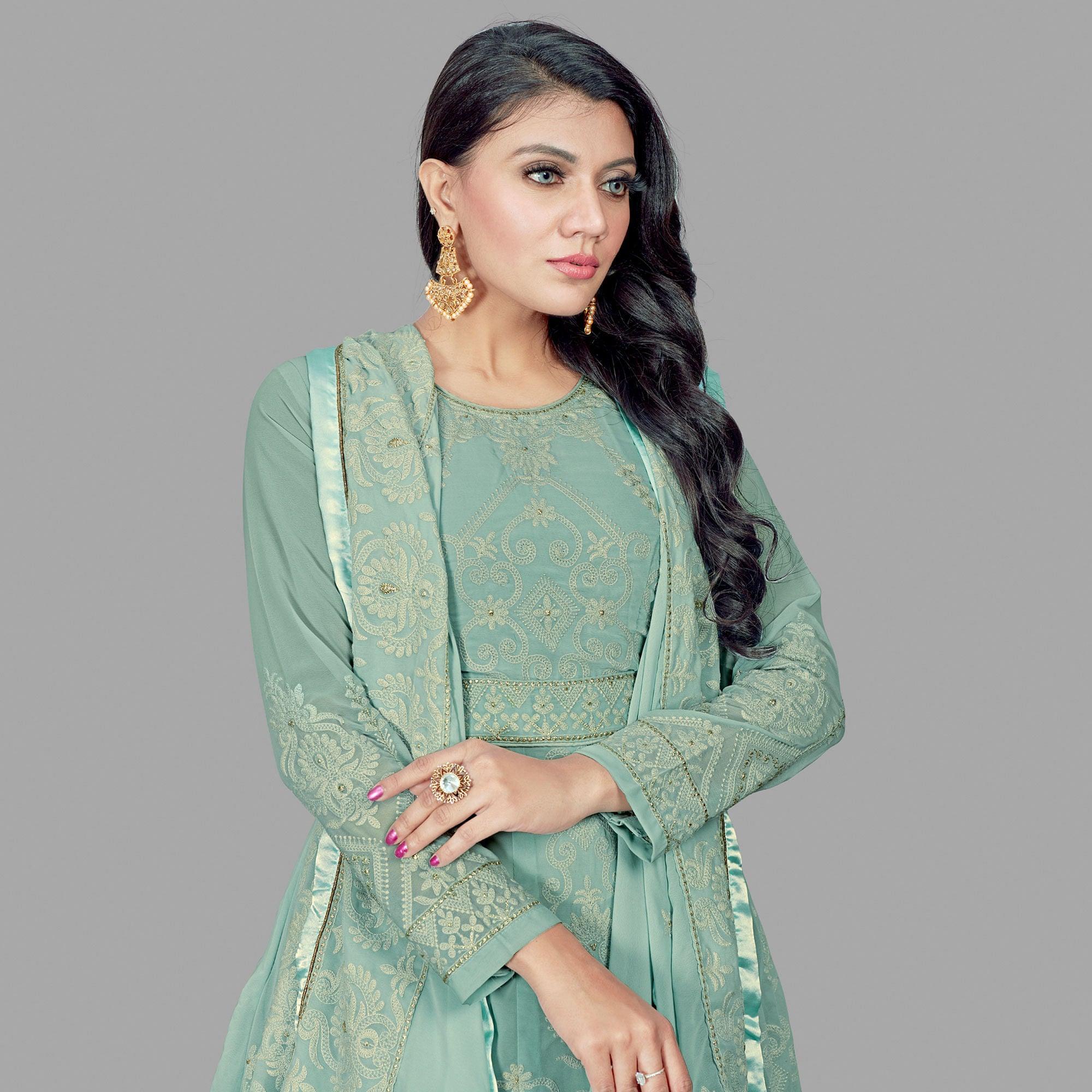 Engrossing Mint Green Colored Party Wear Embroidered Heavy Faux Georgette Anarkali Suit - Peachmode