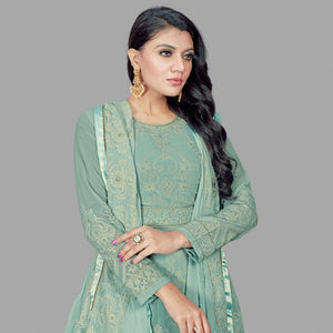 Engrossing Mint Green Colored Party Wear Embroidered Heavy Faux Georgette Anarkali Suit - Peachmode