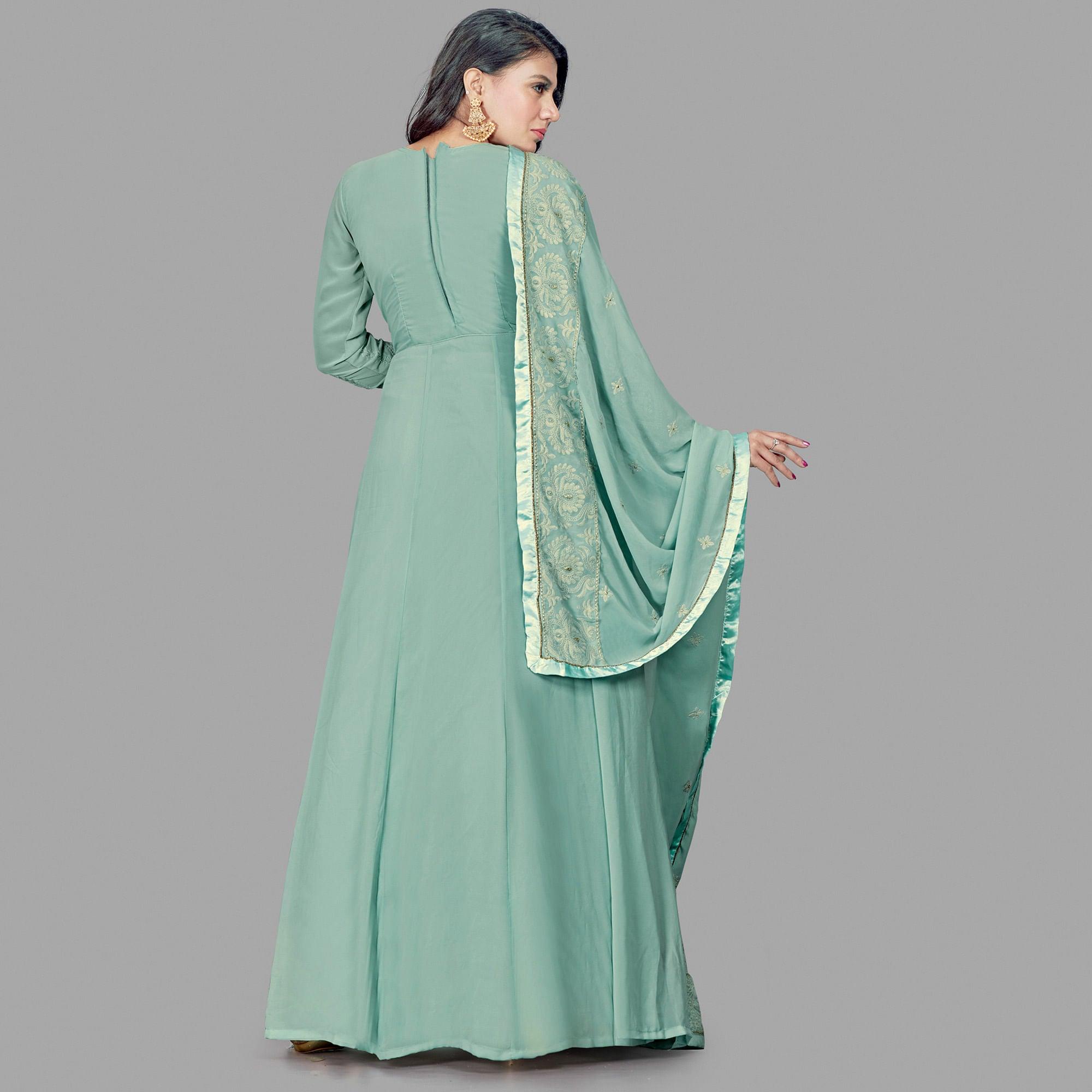 Engrossing Mint Green Colored Party Wear Embroidered Heavy Faux Georgette Anarkali Suit - Peachmode
