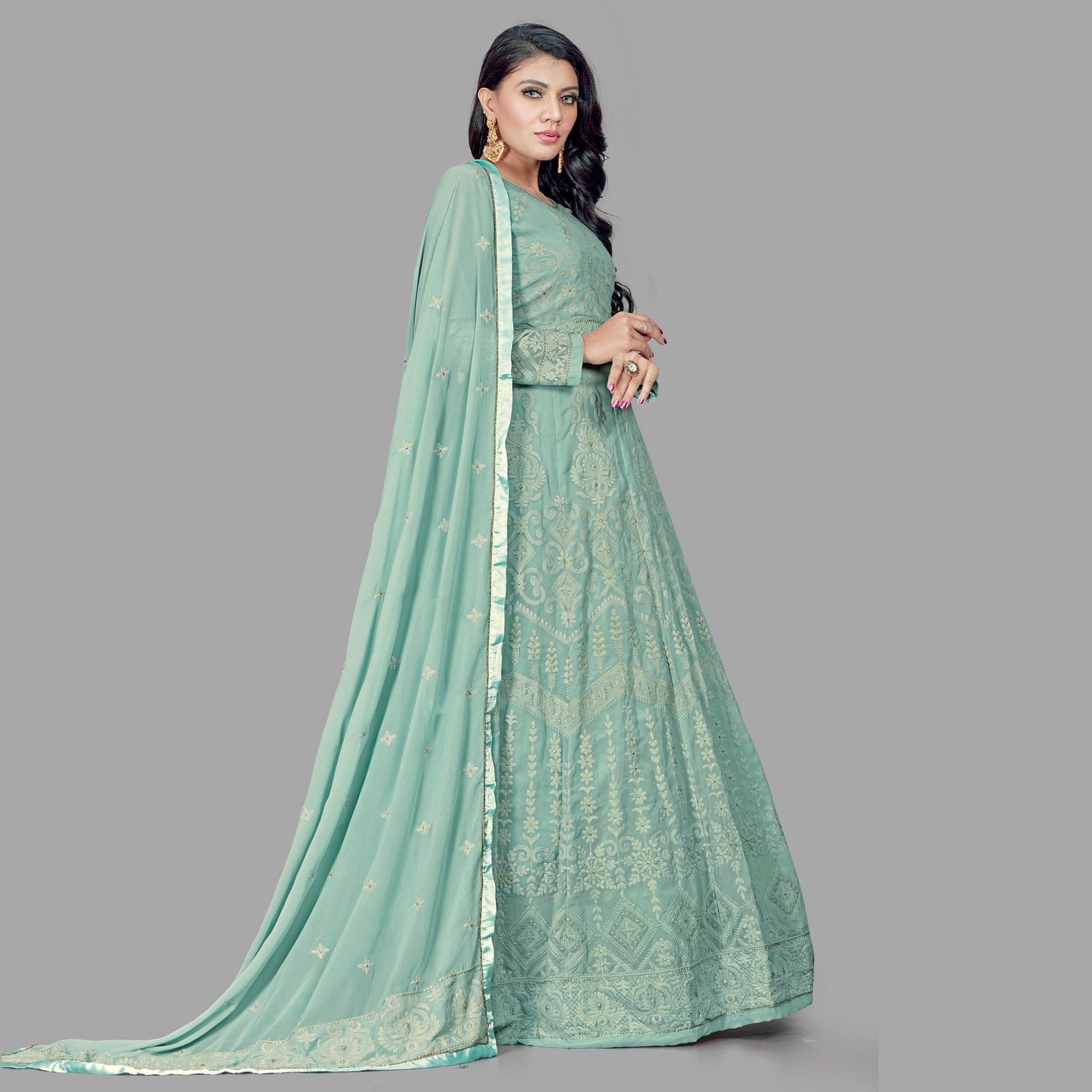 Engrossing Mint Green Colored Party Wear Embroidered Heavy Faux Georgette Anarkali Suit - Peachmode