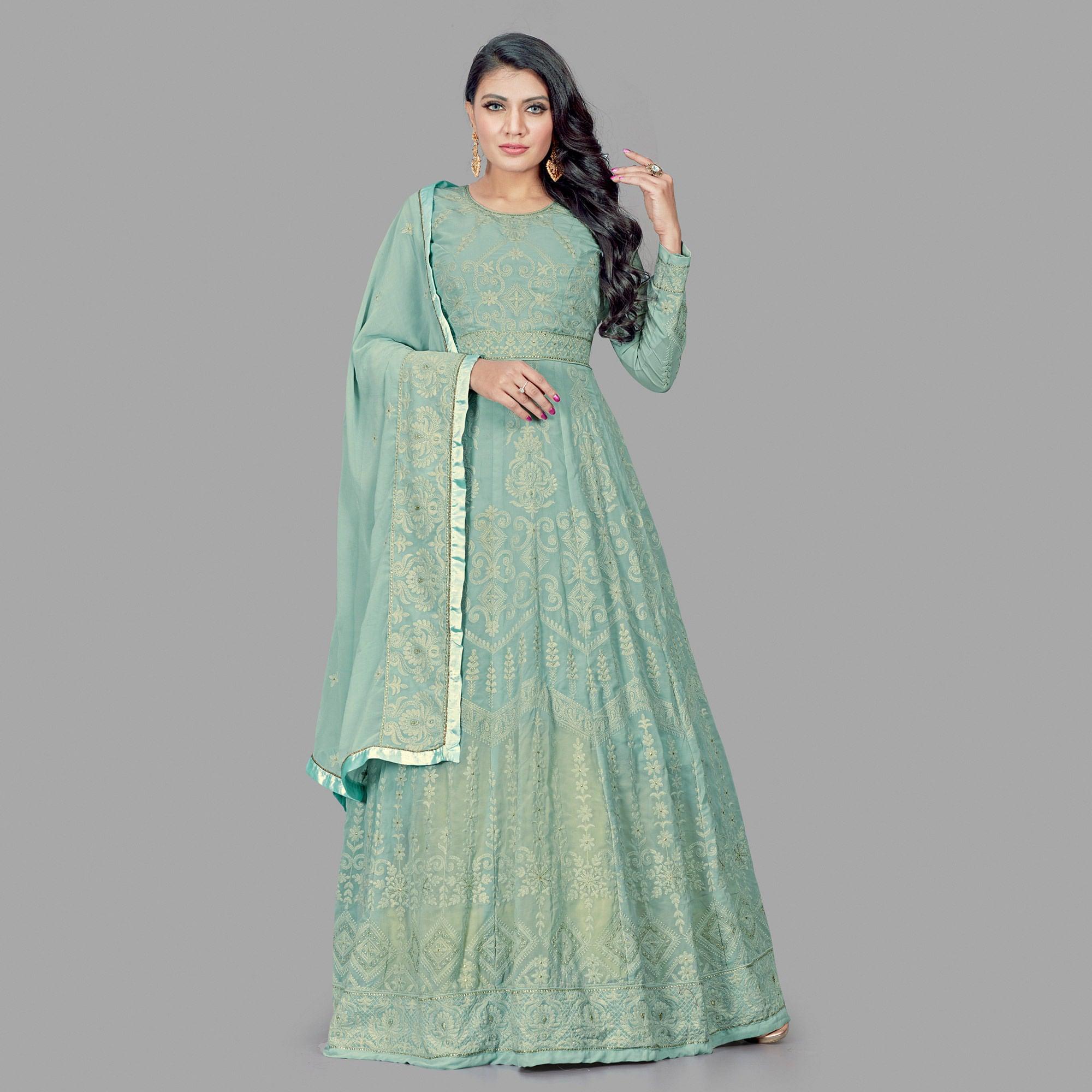Engrossing Mint Green Colored Party Wear Embroidered Heavy Faux Georgette Anarkali Suit - Peachmode