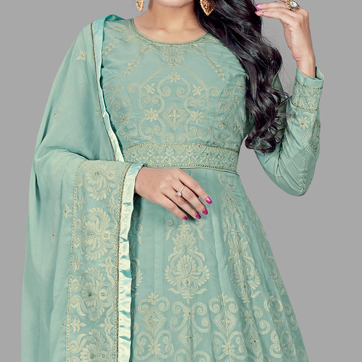 Engrossing Mint Green Colored Party Wear Embroidered Heavy Faux Georgette Anarkali Suit - Peachmode
