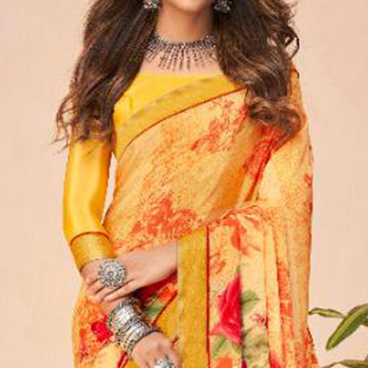 Engrossing Mustard Coloured Casual Wear Printed Crepe Saree - Peachmode