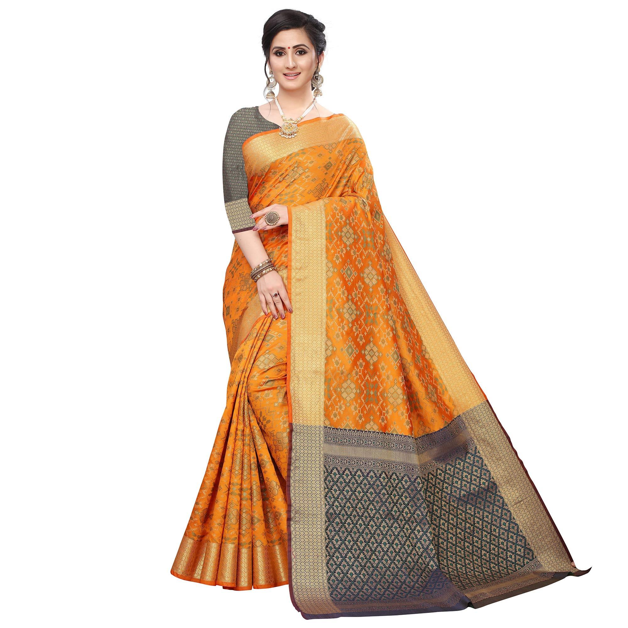 Engrossing Mustard Yellow Colored Festive Wear Woven Kanjivaram Silk Saree - Peachmode