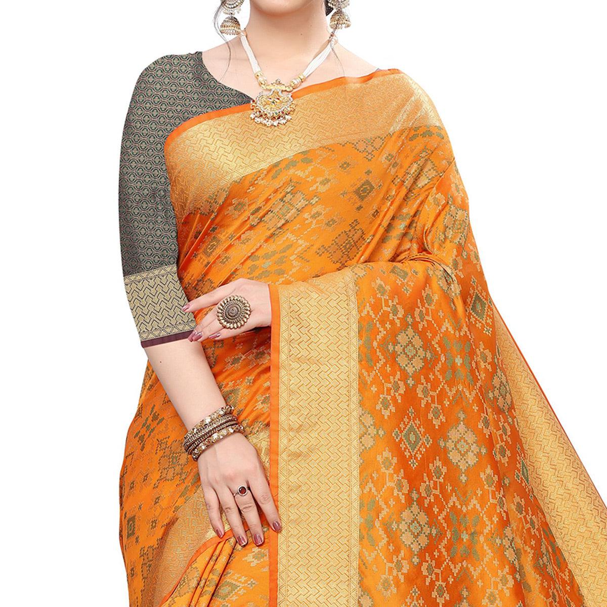 Engrossing Mustard Yellow Colored Festive Wear Woven Kanjivaram Silk Saree - Peachmode