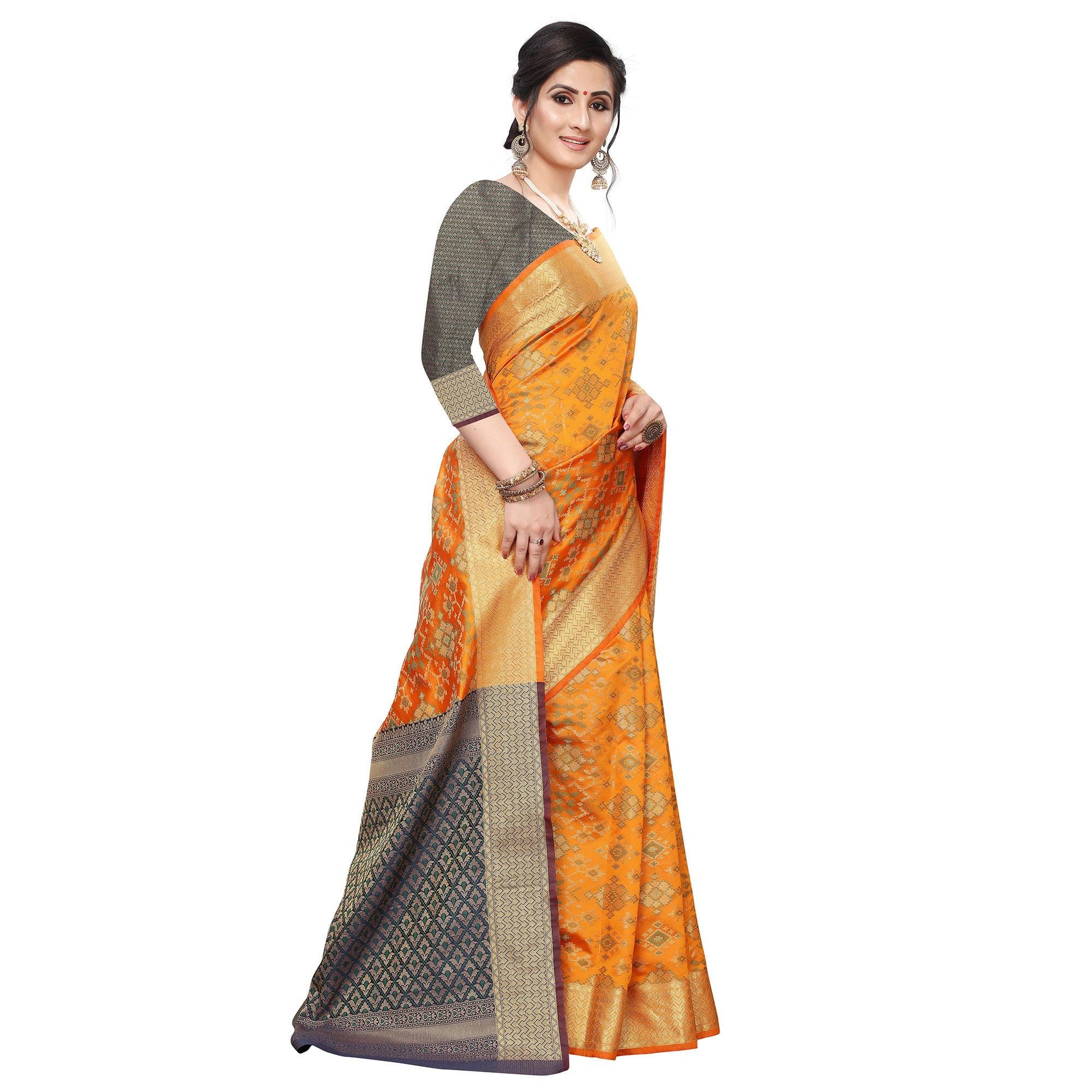 Engrossing Mustard Yellow Colored Festive Wear Woven Kanjivaram Silk Saree - Peachmode