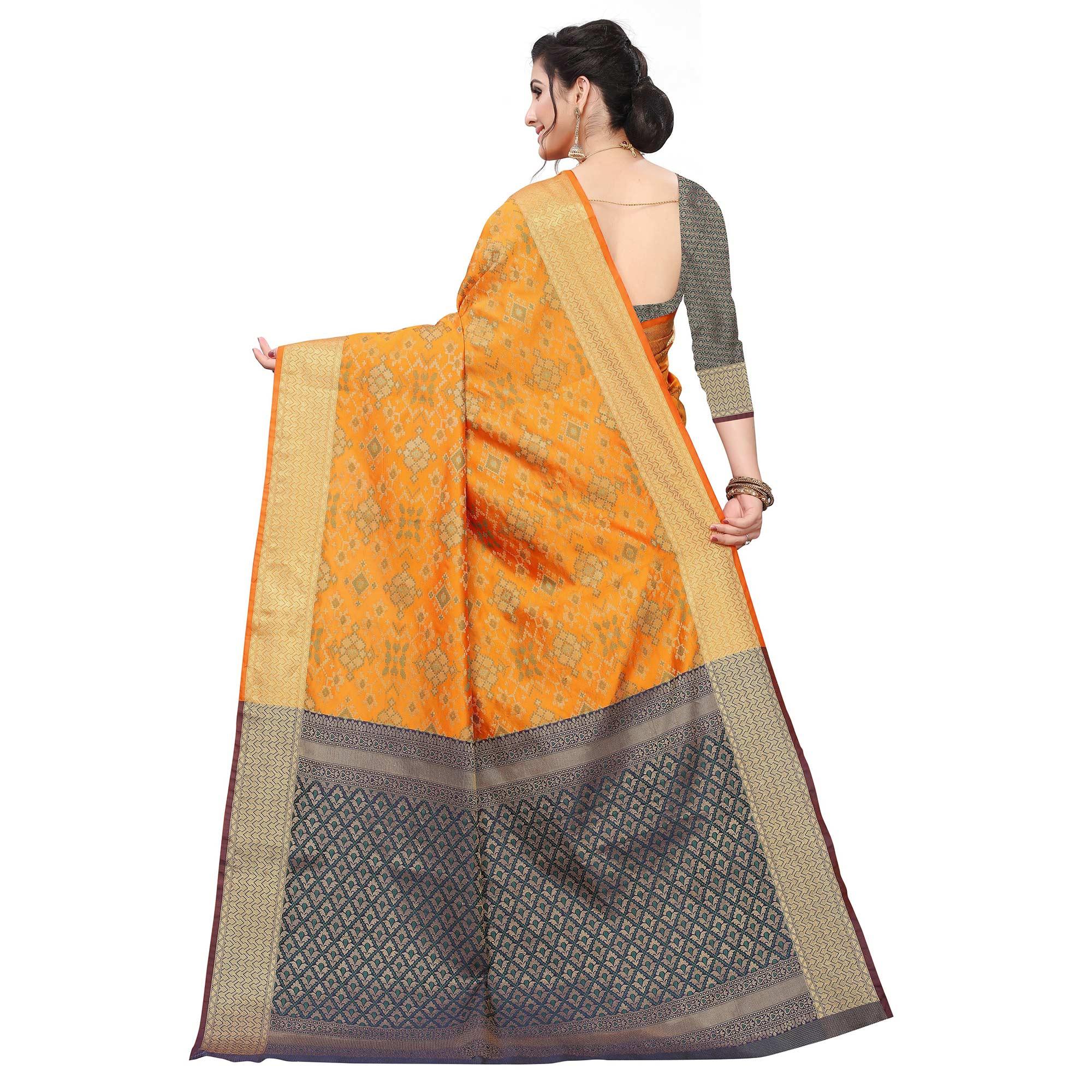 Engrossing Mustard Yellow Colored Festive Wear Woven Kanjivaram Silk Saree - Peachmode