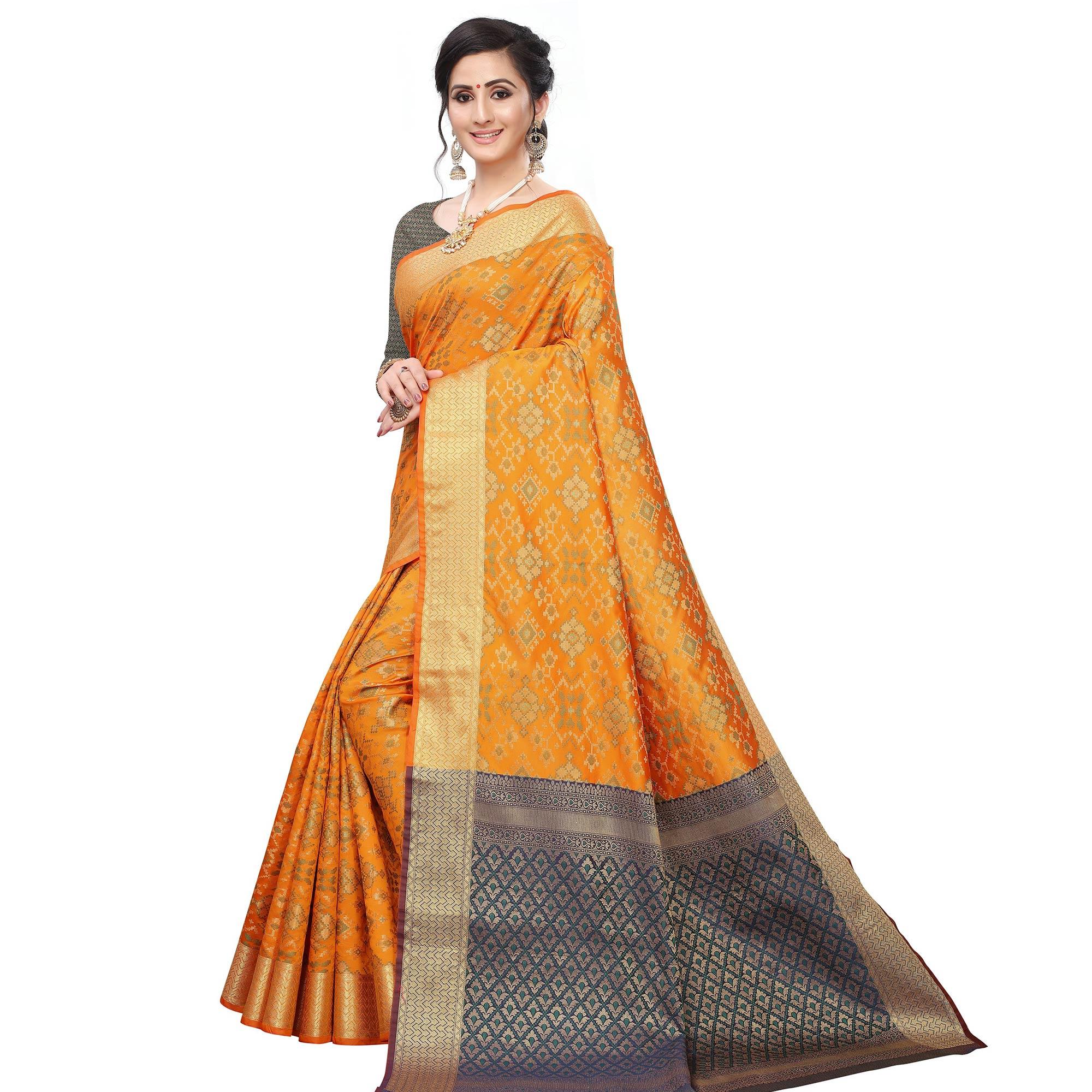 Engrossing Mustard Yellow Colored Festive Wear Woven Kanjivaram Silk Saree - Peachmode