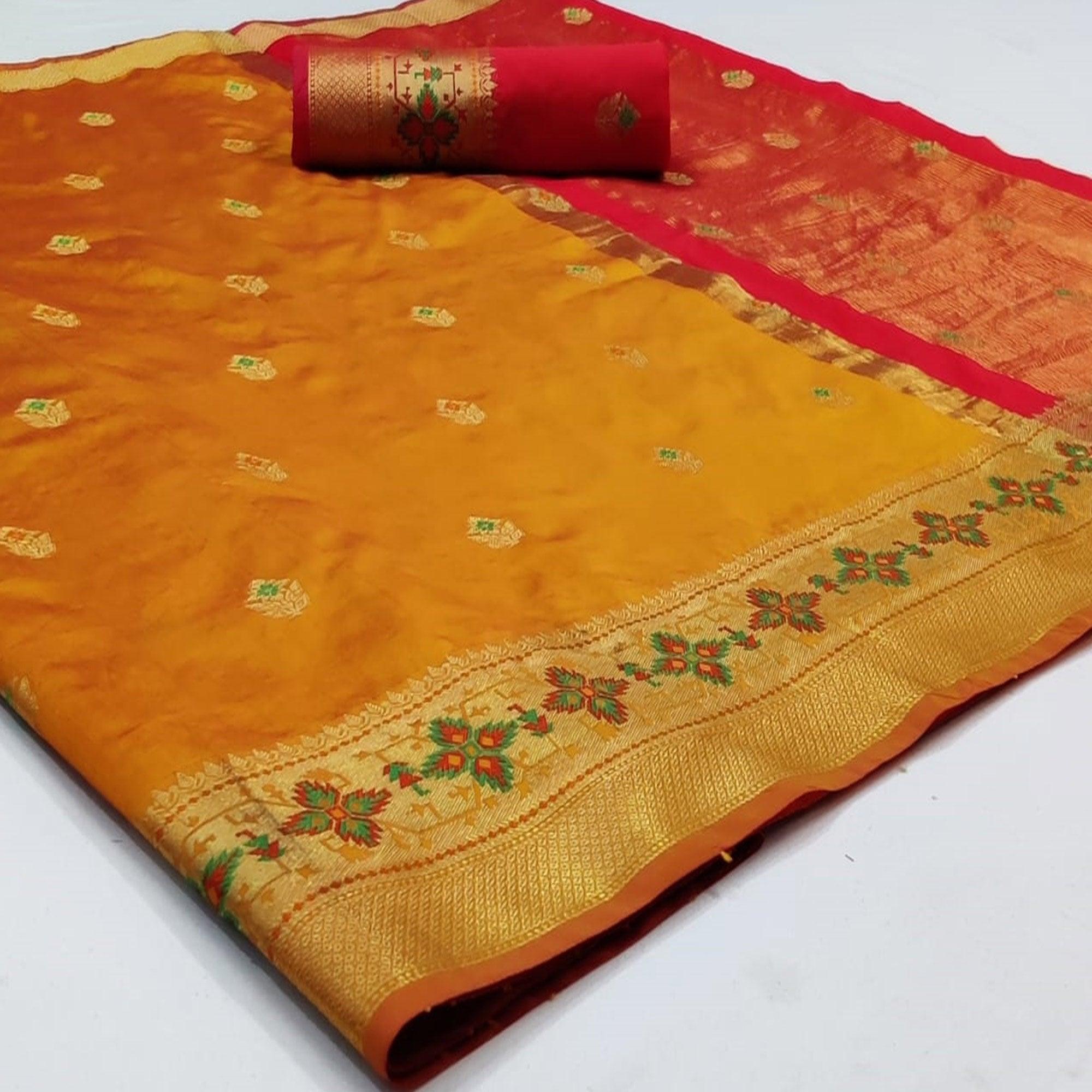 Engrossing Mustard Yellow Colored Festive Wear Woven Silk Saree - Peachmode