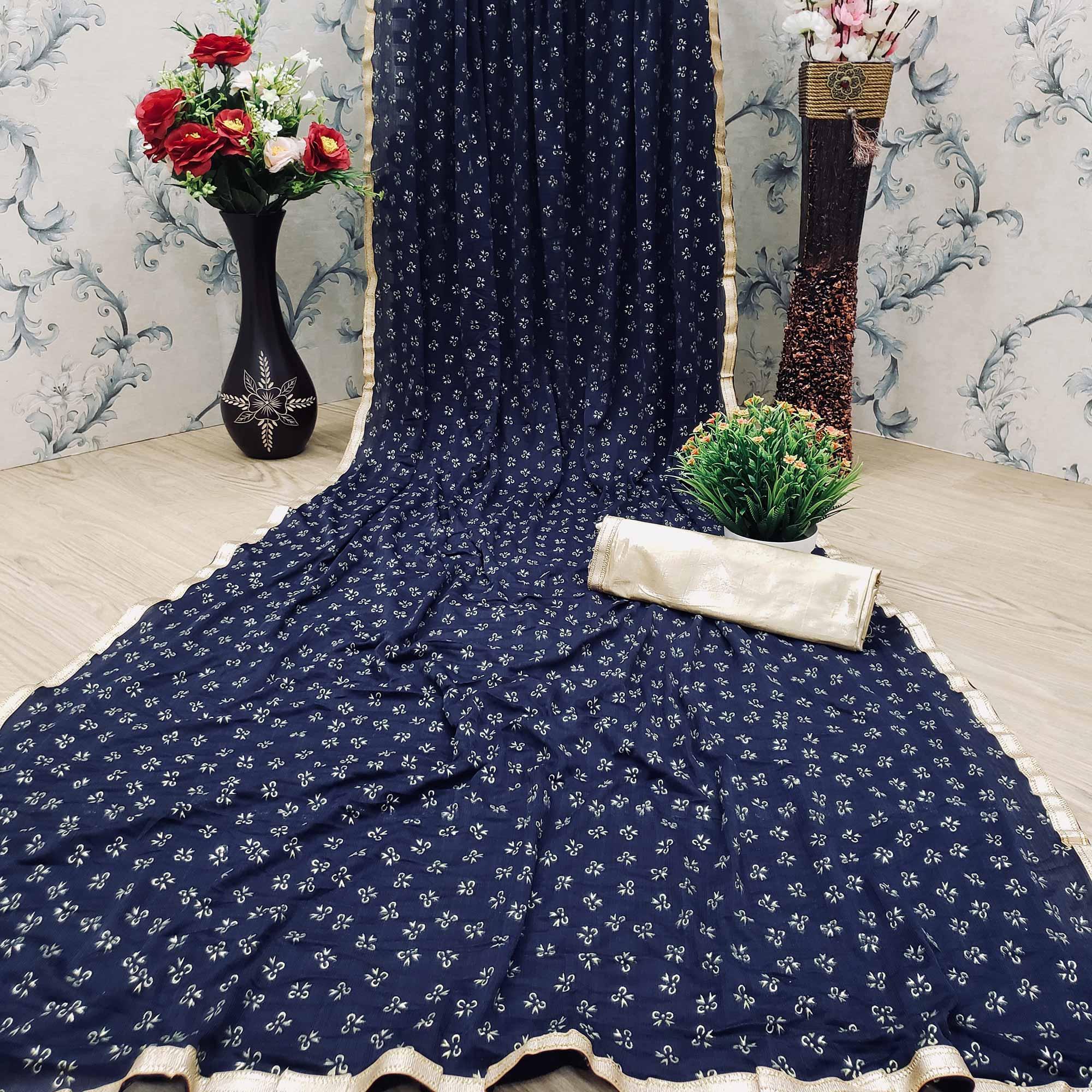 Engrossing Navy Blue Colored Casual Wear Printed Art Silk Saree - Peachmode