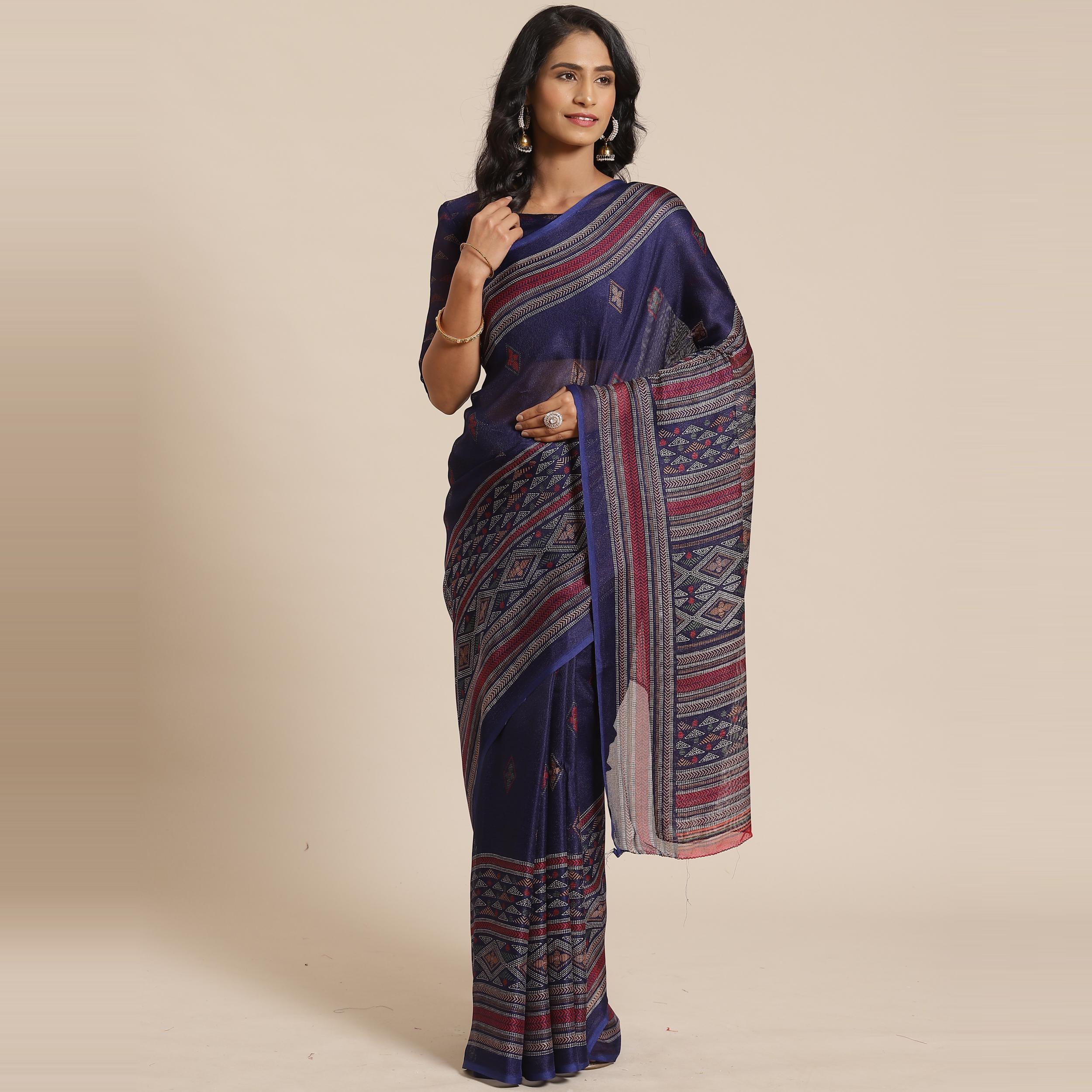 Engrossing Navy Blue Colored Casual Wear Printed Jute Silk Saree - Peachmode