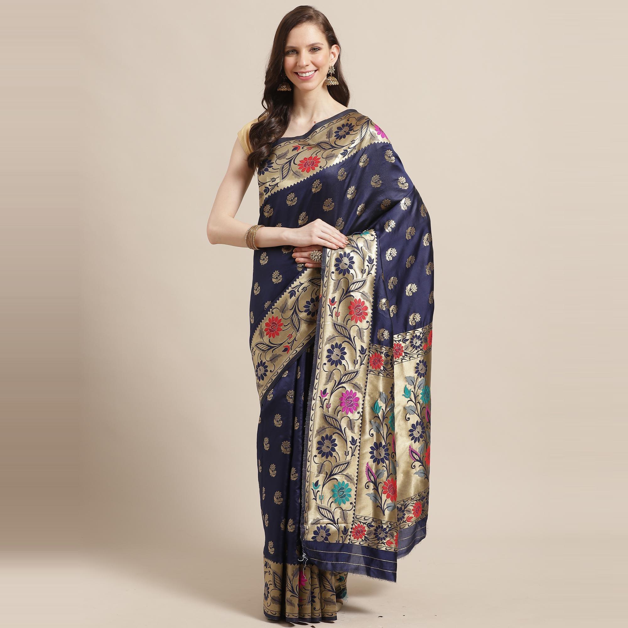 Engrossing Navy Blue Colored Festive Wear Woven Silk Blend Banarasi Saree - Peachmode