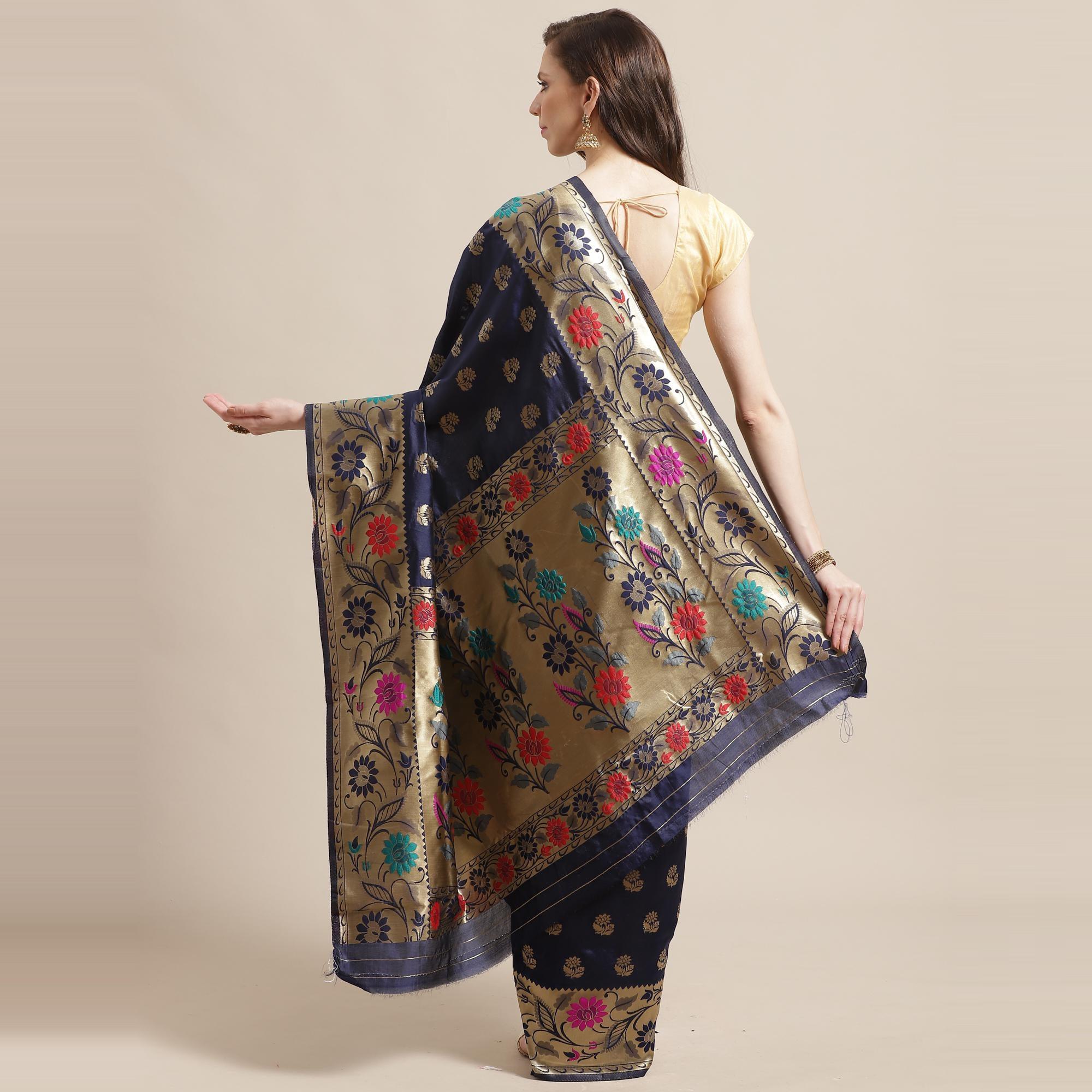 Engrossing Navy Blue Colored Festive Wear Woven Silk Blend Banarasi Saree - Peachmode