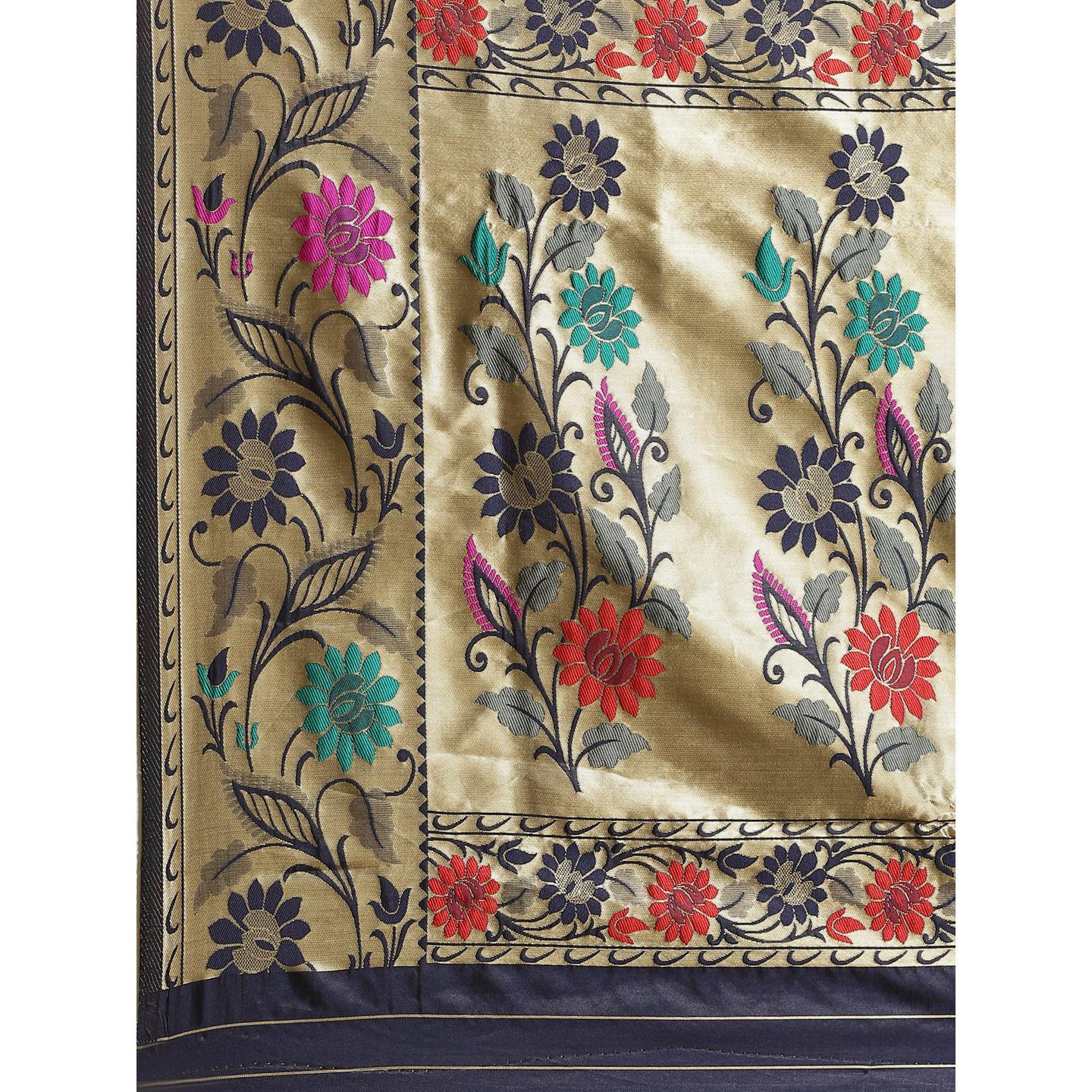 Engrossing Navy Blue Colored Festive Wear Woven Silk Blend Banarasi Saree - Peachmode