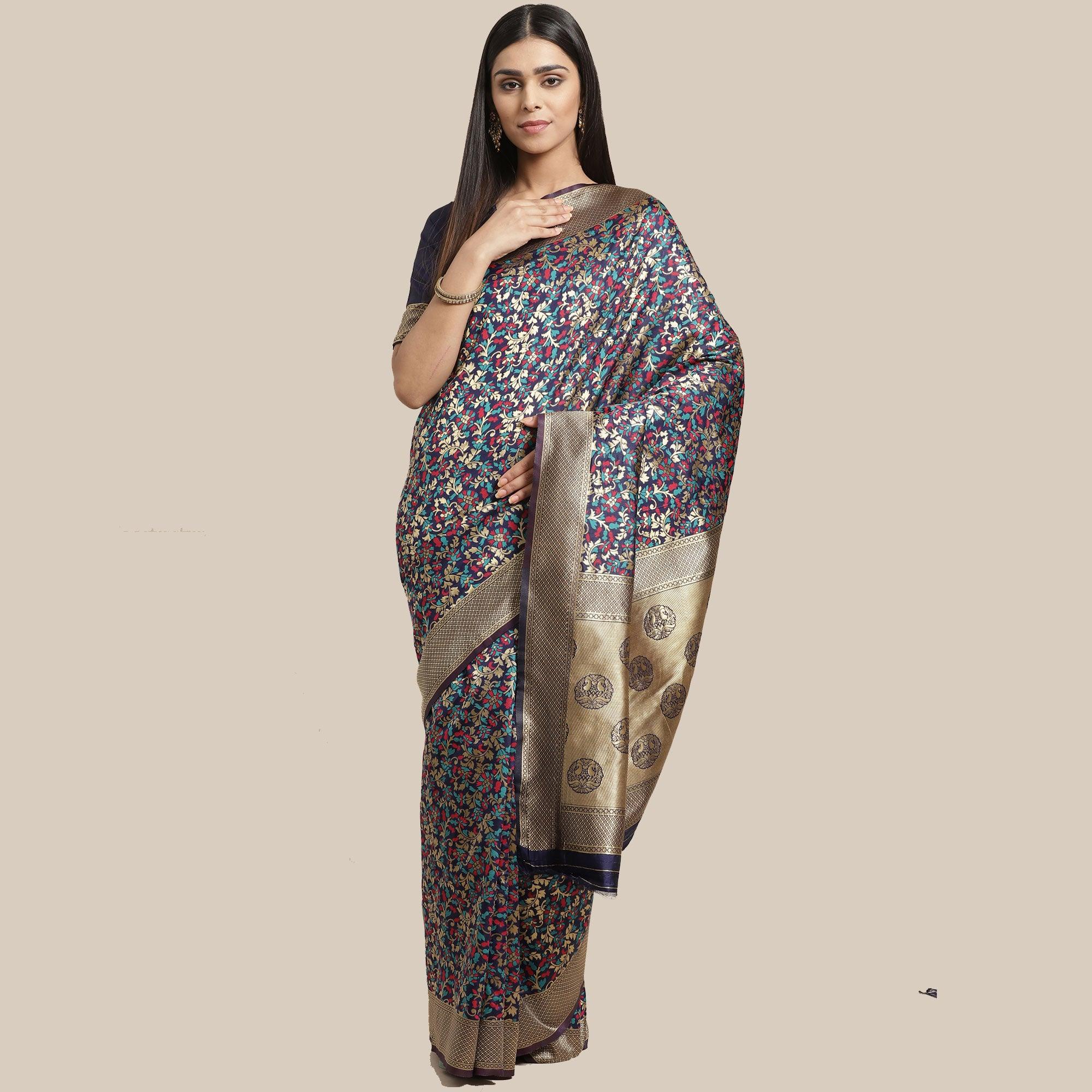 Engrossing Navy Blue Colored Festive Wear Woven Silk Blend Saree - Peachmode