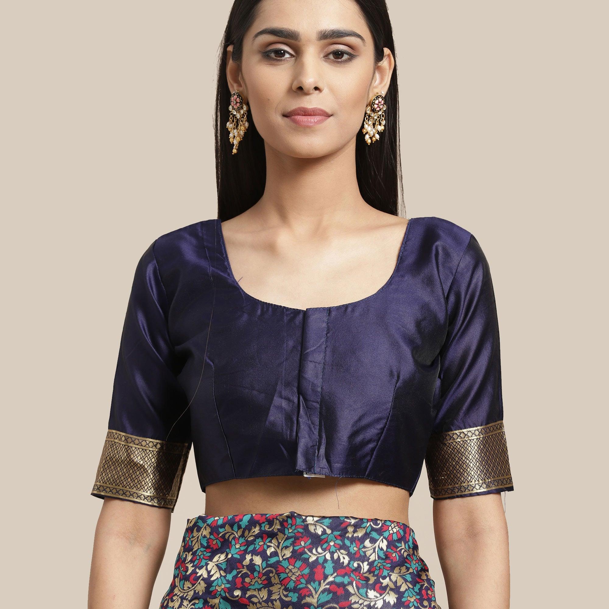 Engrossing Navy Blue Colored Festive Wear Woven Silk Blend Saree - Peachmode