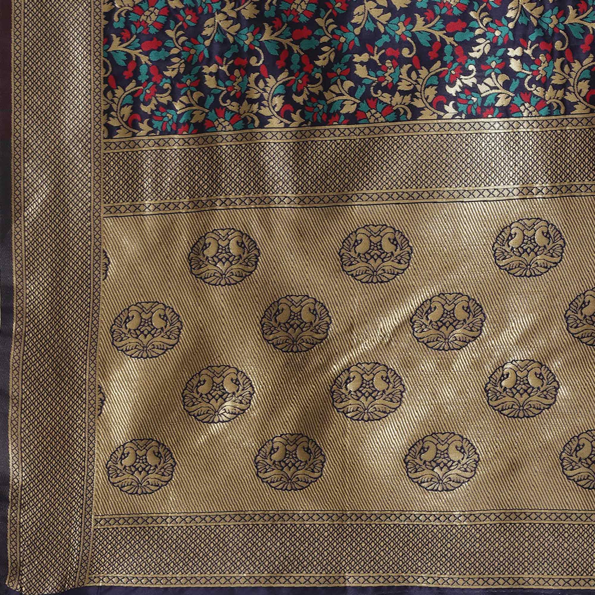 Engrossing Navy Blue Colored Festive Wear Woven Silk Blend Saree - Peachmode