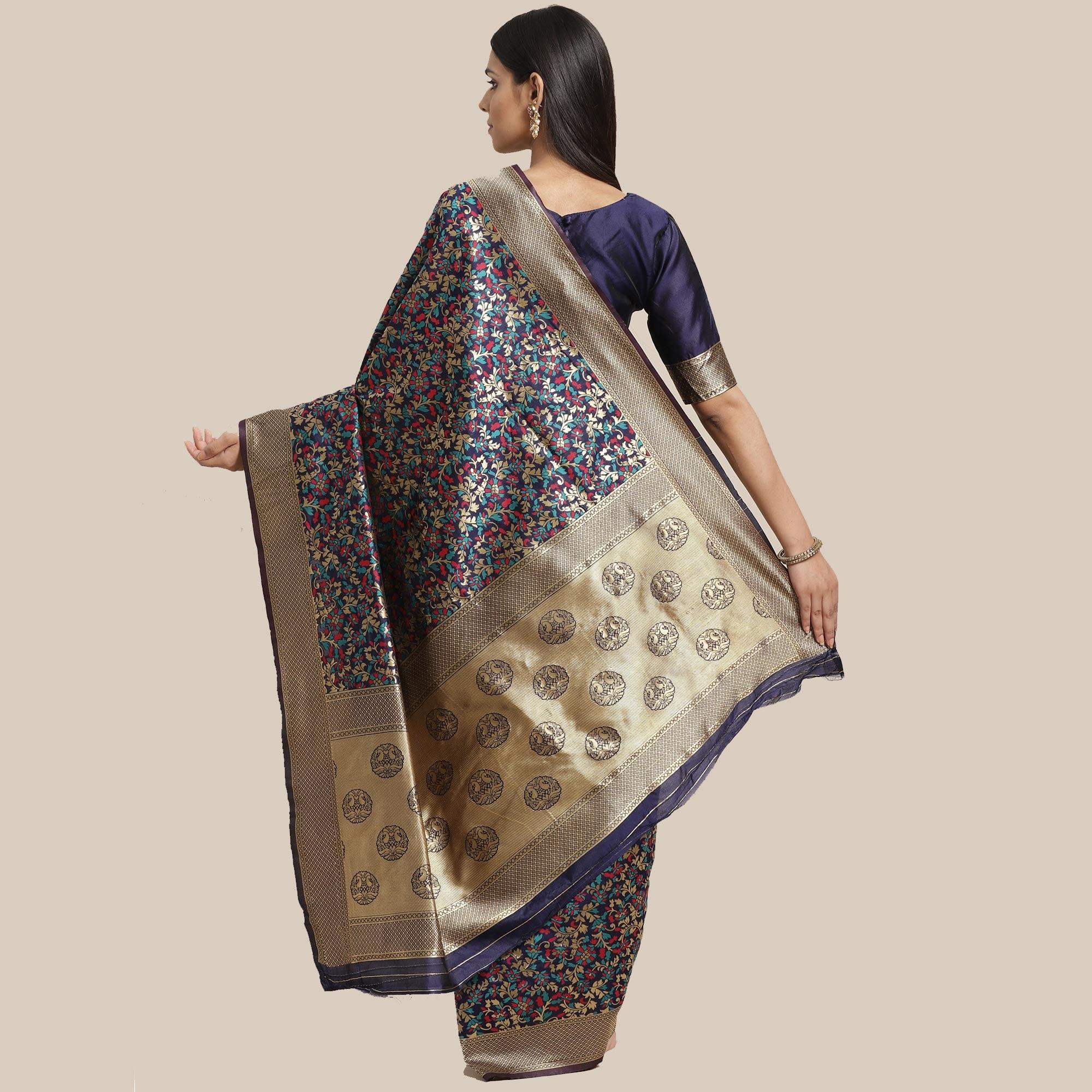 Engrossing Navy Blue Colored Festive Wear Woven Silk Blend Saree - Peachmode