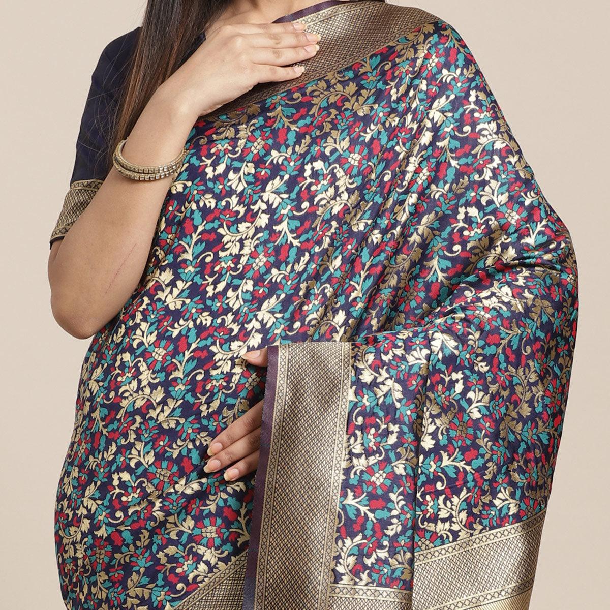 Engrossing Navy Blue Colored Festive Wear Woven Silk Blend Saree - Peachmode