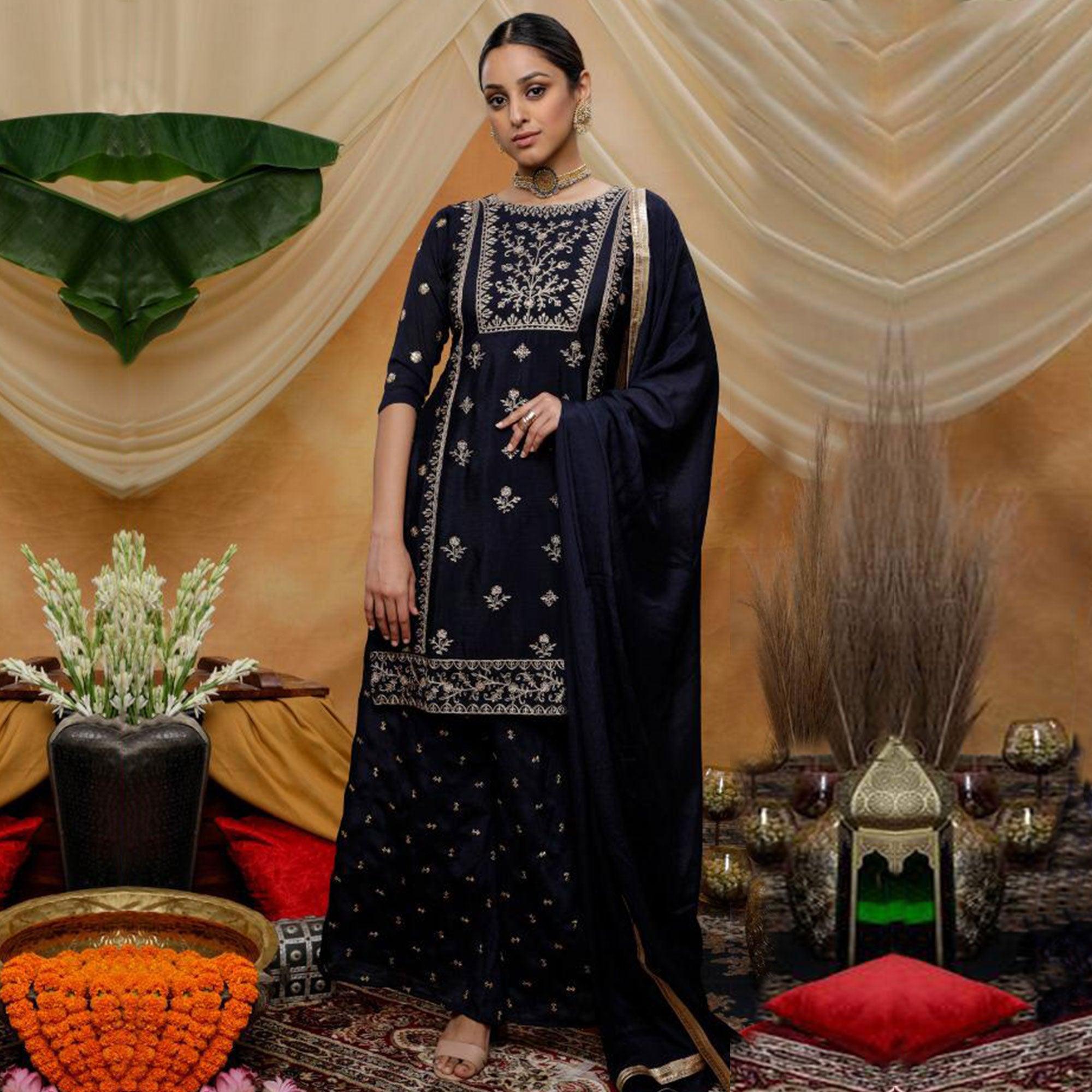 Engrossing Navy Blue Colored Party Wear Embroidered Art Silk Palazzo Suit - Peachmode