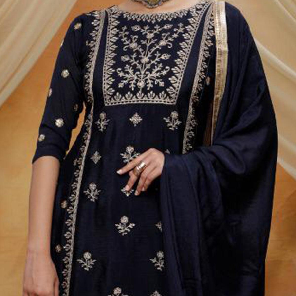 Engrossing Navy Blue Colored Party Wear Embroidered Art Silk Palazzo Suit - Peachmode