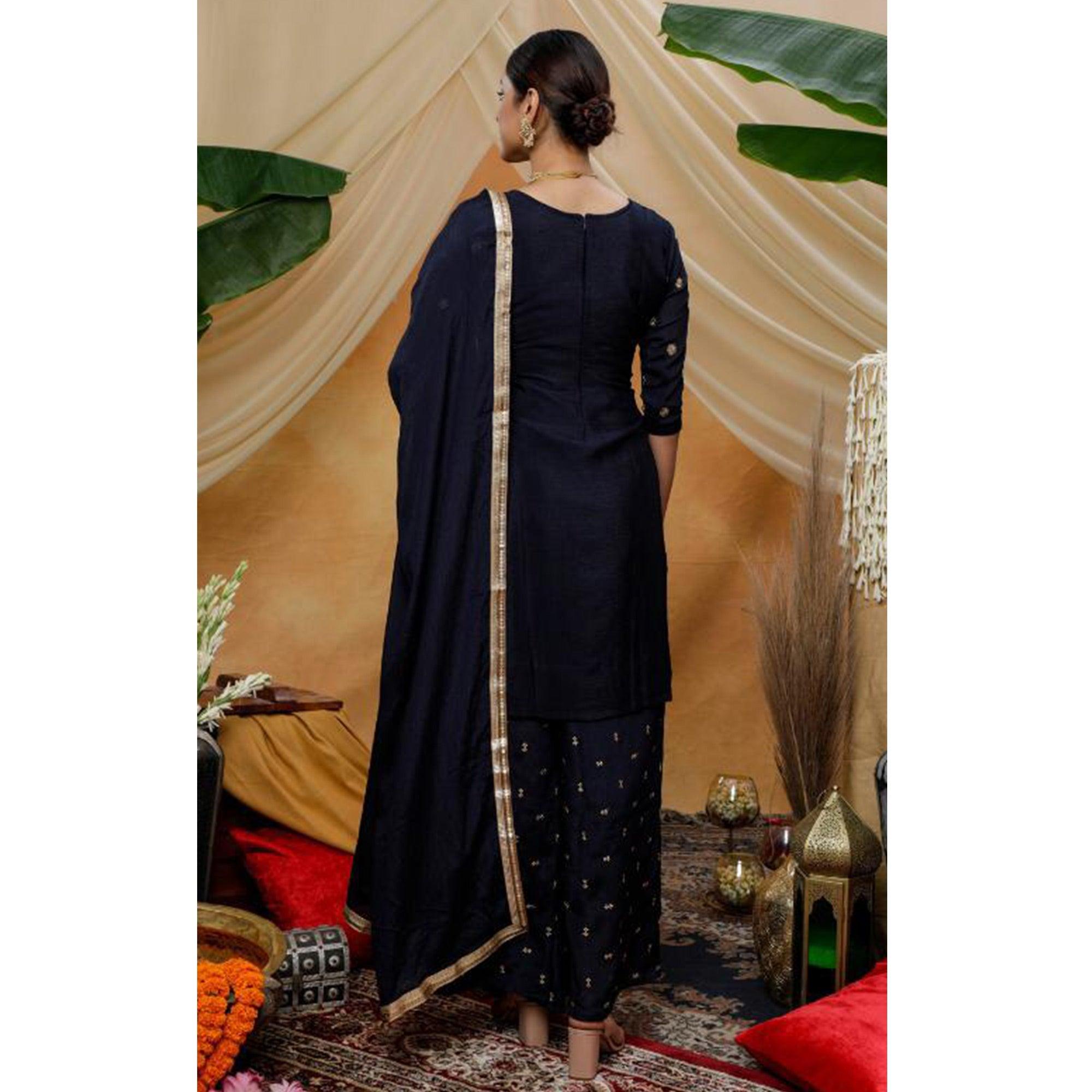 Engrossing Navy Blue Colored Party Wear Embroidered Art Silk Palazzo Suit - Peachmode
