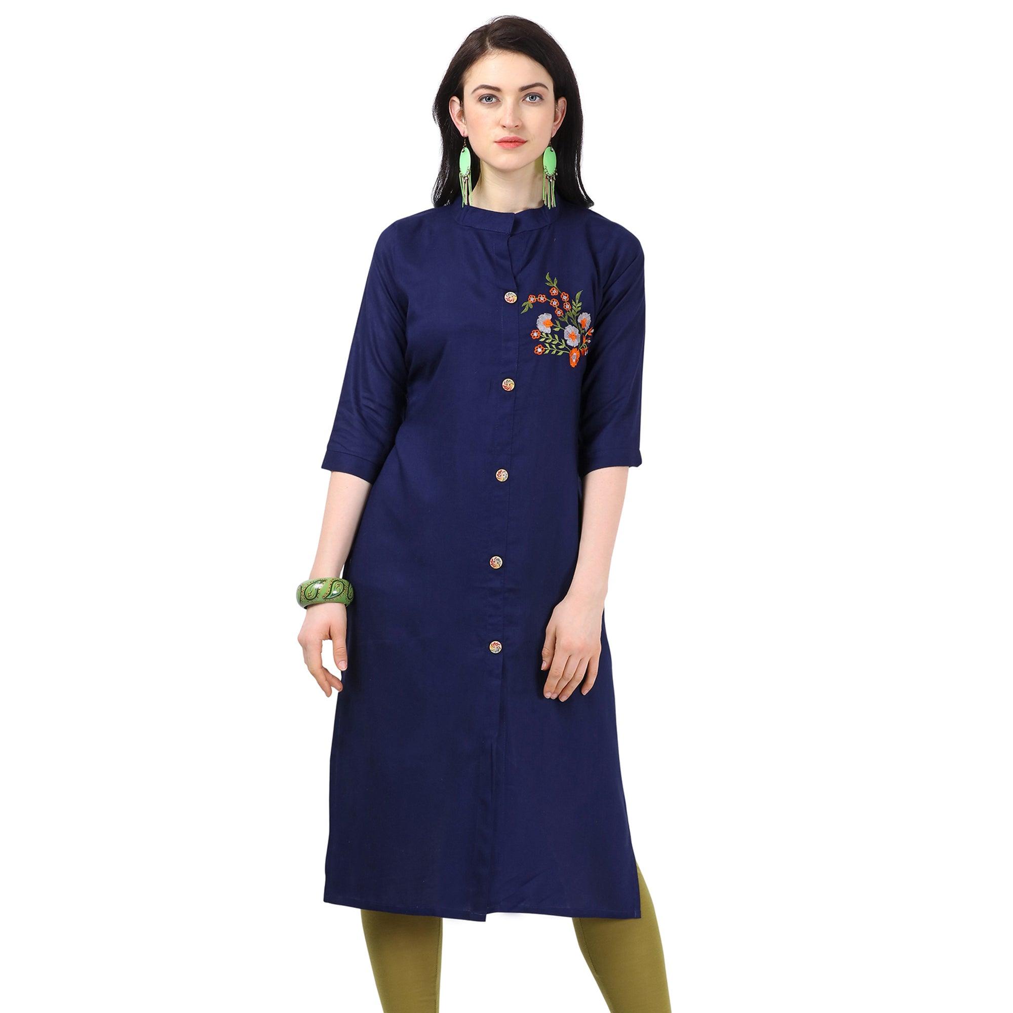 Engrossing Navy Blue Colored Partywear Embroidered Rayon Kurti - Peachmode
