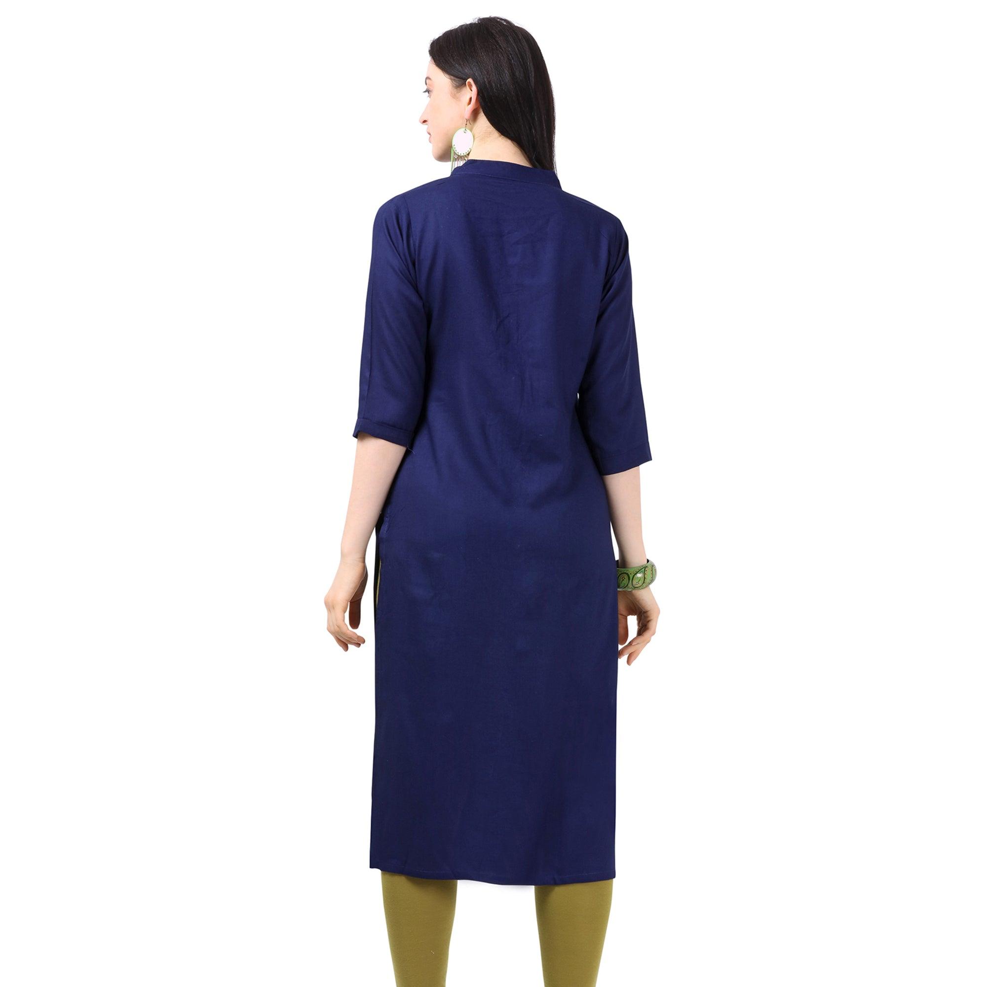 Engrossing Navy Blue Colored Partywear Embroidered Rayon Kurti - Peachmode