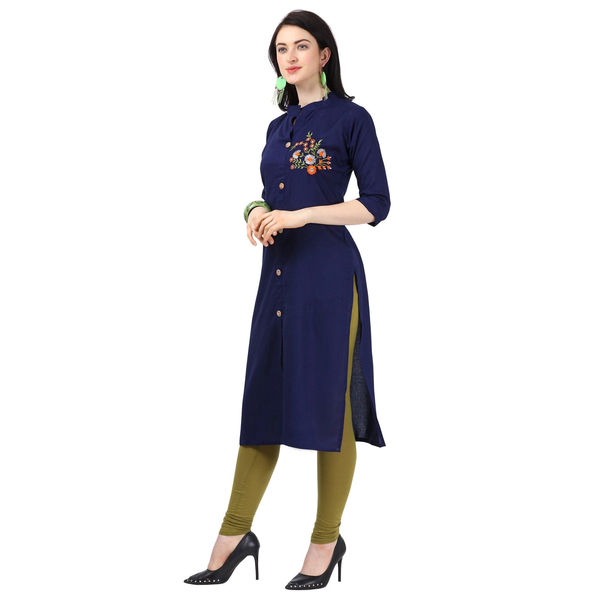 Engrossing Navy Blue Colored Partywear Embroidered Rayon Kurti - Peachmode