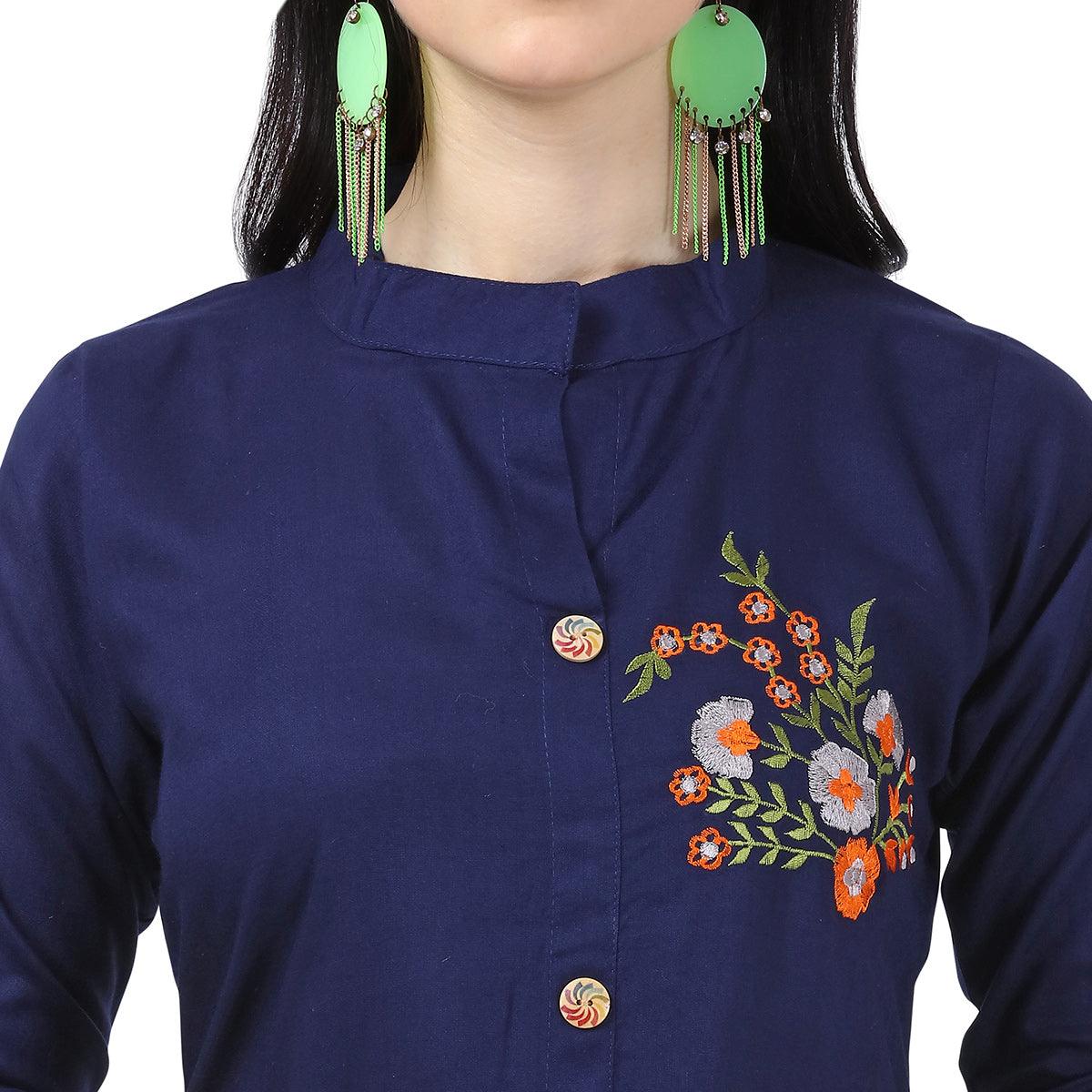 Engrossing Navy Blue Colored Partywear Embroidered Rayon Kurti - Peachmode
